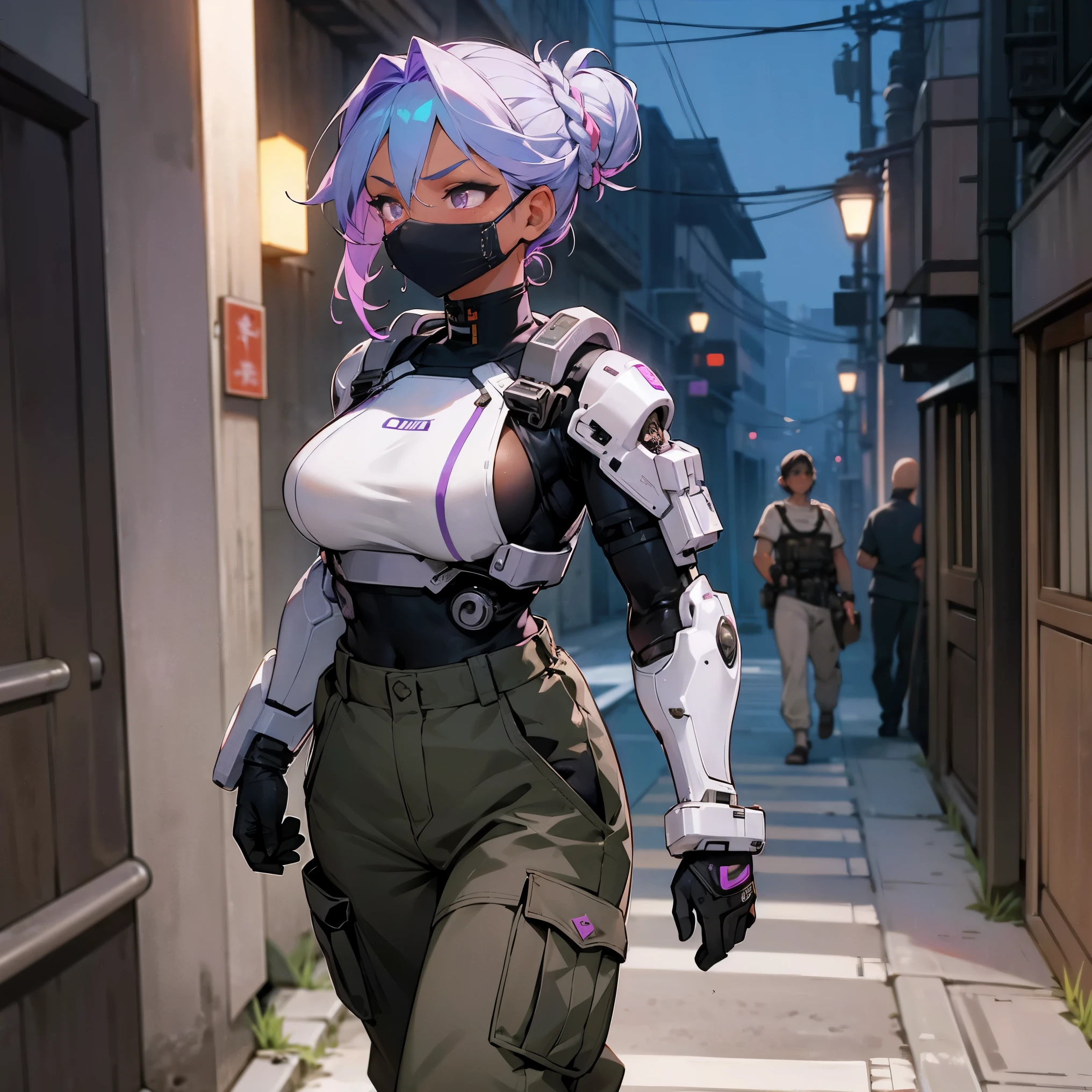 1female, adult, dark skin, big breast, sexy, tan skin, finely detailed lavender eyes, medium messy braided bun, two tone hair, seashell white and lavender ombré hair color, undercut, combat suit, neck mask, bionic arm, loose baggy cargo pants, walking down alley, night, somber expression, tokyo, serious, tattoos
