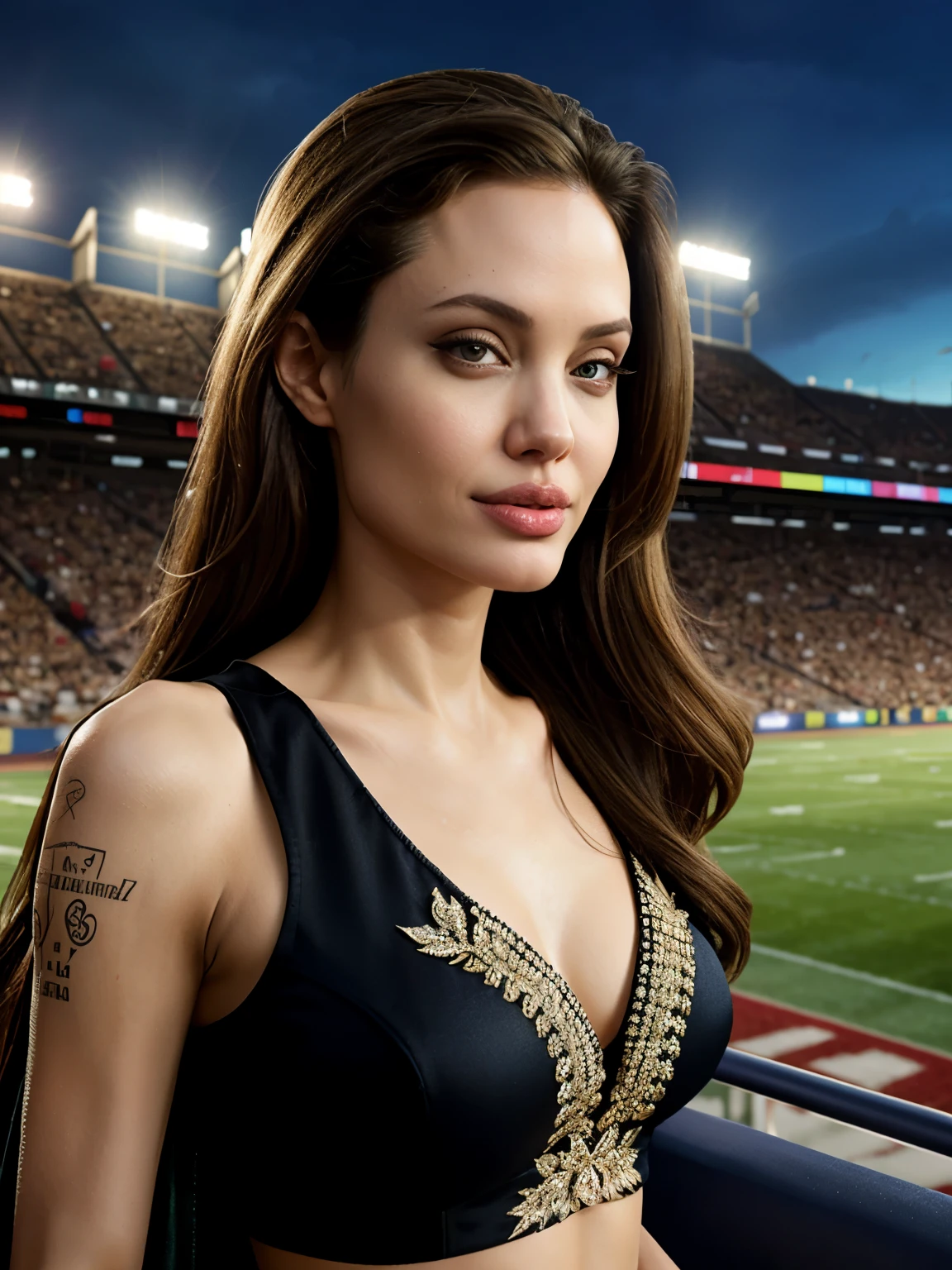 Angelina Jolie inside a jam-packed football stadium, late evening sky, drooling photoshoot, intriguing sensual poses, (wearing expensive sleeveless choli, long skirt), (intricate detailing of face eyes nose mouth full lips & body parts), textured skin, bright smile:1.6, eyes symmetry, face symmetry, 256K, HDR, hyper realistic, intricate detailing, yotta-pixel image, yocto-pixel detailing