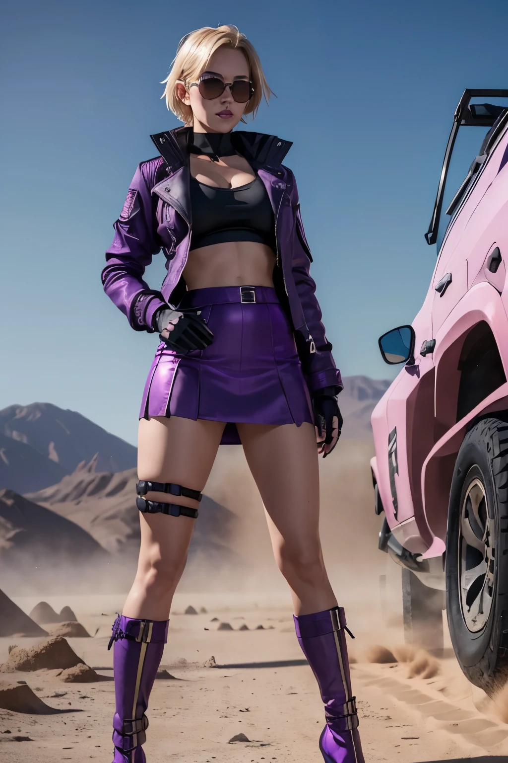 (((1girl))),Nina williams, Wavy short blonde hair, irish, pink lips, perfect body, (black jacket), sunglasses, tight purple underwear, tight purple skirt, high heels, secret agent, in a war wasteland, desert, nuclear winter, tekken 8, high quality, best quality, grey mist, ash