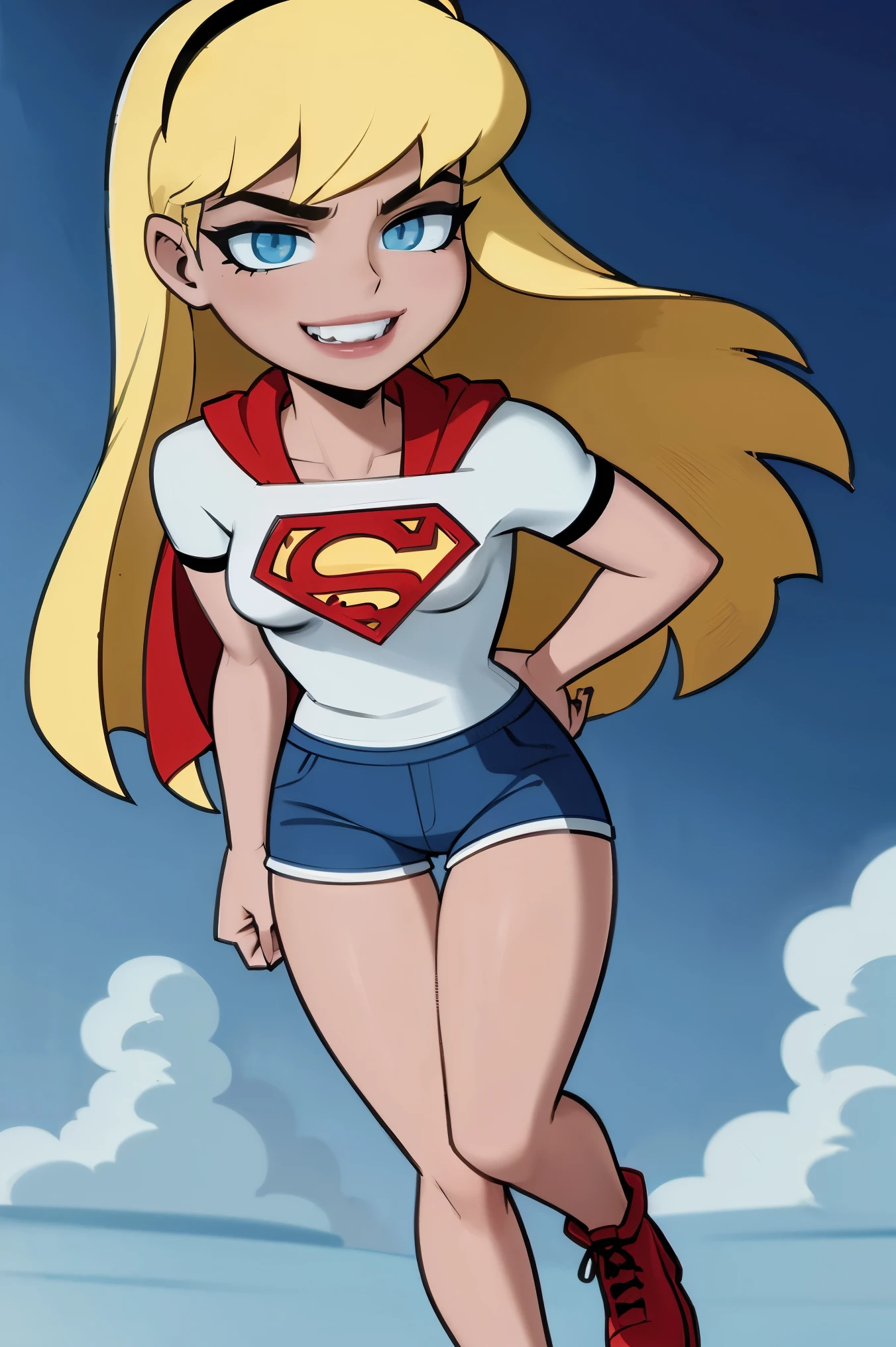 Supergirl,1 garota,Cabelo loiro comprido,hair elastic,top branco,shorts de golfinho, luvas brancas,botas, flutuando nas nuvens, seios grandes, meia camisa mostrando a metade inferior dos seios, dynamic, sexy, sacanagem