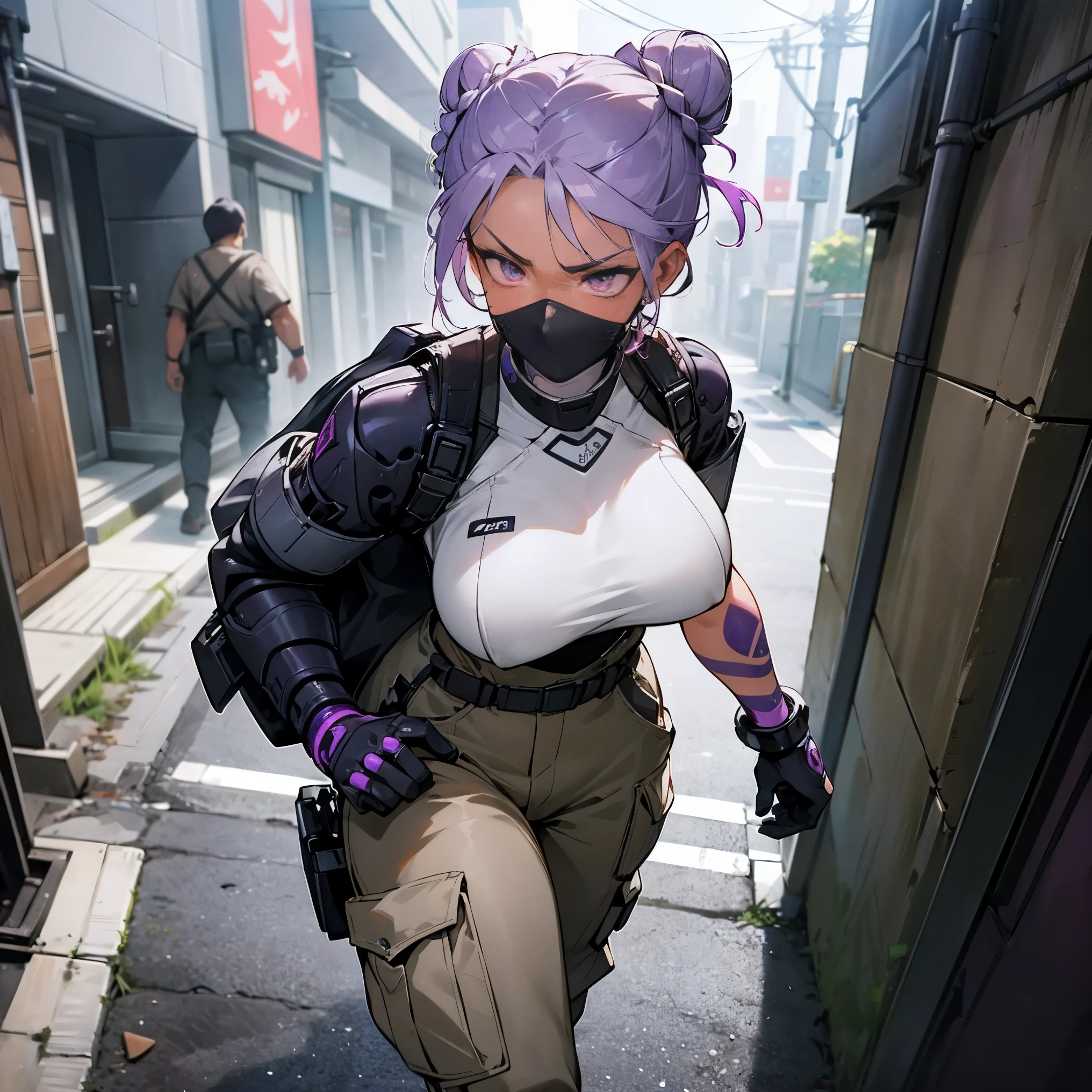 1female, adult, dark skin, big breast, sexy, tan skin, finely detailed lavender eyes, medium messy braided bun, two tone hair, seashell white and lavender ombré hair color, undercut, combat suit, neck mask, bionic arm, loose baggy cargo pants, walking down alley, night, somber expression, tokyo, serious, tattoos