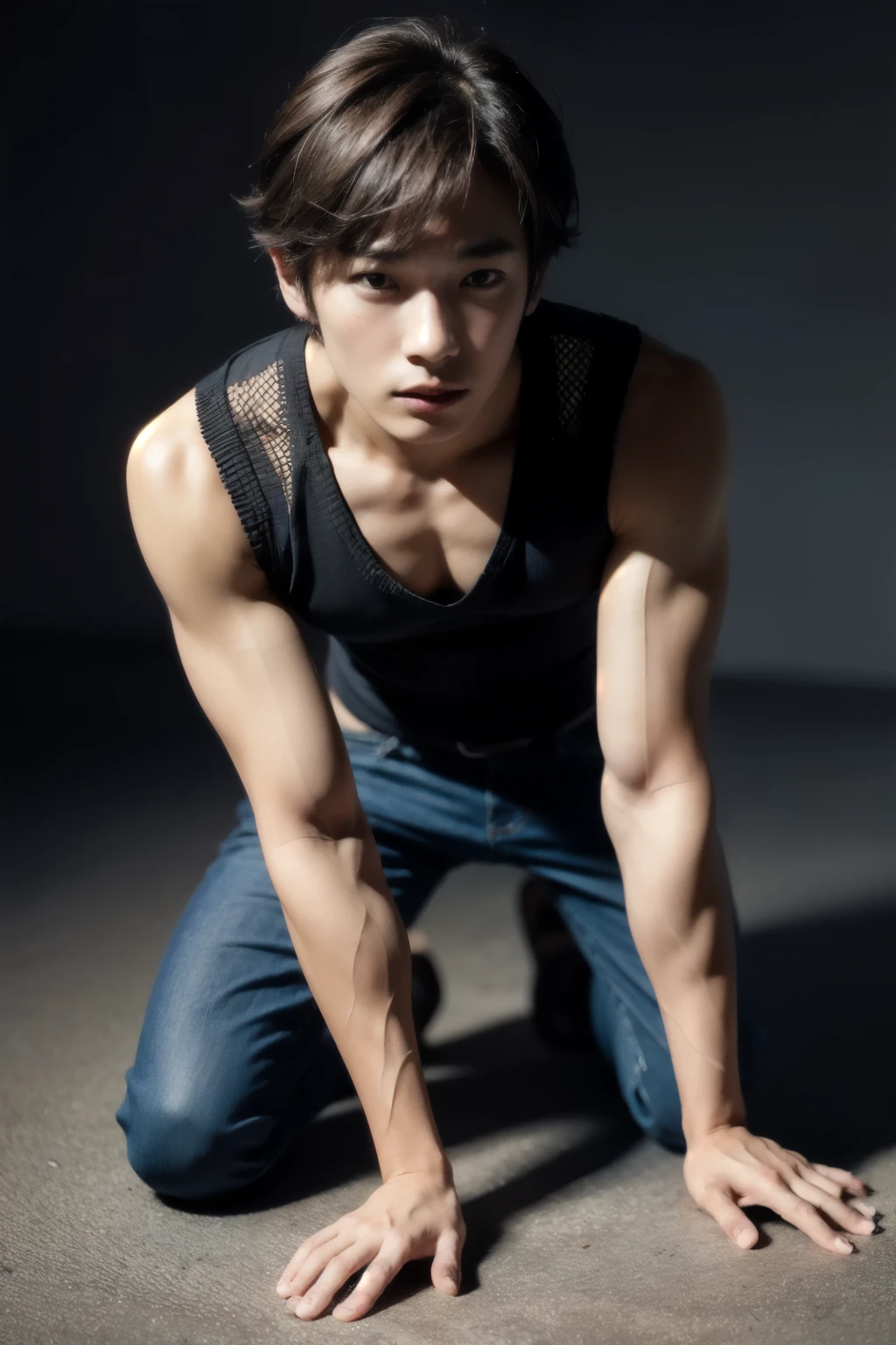 Solo, male focuasterpiece, ultra quality, high resolution, 8k, intricate: 1.2), (detailed face:1.2), handsome, Young Korean man , , detailed skin, 1boy, ((realistic)), (Crawling on All Fours, Kneeling),