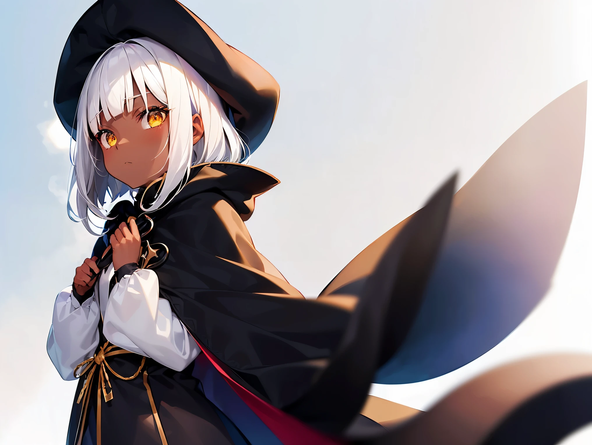 Cimematic vision, nigth, ((1girl)), (lolita), ((((Dark skin)))), ((((short white hair)))), (((blunt bangs))), yellow eyes, ((cabelo emaranhado)), ((((no expression)))), Sonolenta, ((ahoge)), ((((black cloak)))), desleixada, ((melhor qualidade)), ((obra de arte)), (detalhado), rosto perfeito, ((style novel)), ((in forest)), cores beautiful, ((((style anime Shikimori-san))))