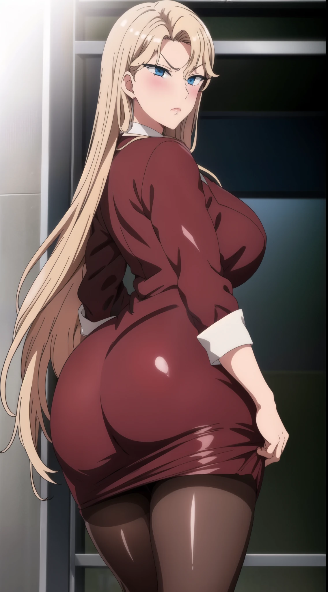 master piece, 1girl, solo, ,pincil skirt, pantyhose , long hair, blue EYES, blond HAIR, frown , from behind,   ass, pantylines, back, looking back , large breasts,  large breast, ass focus, red jacket,  , OUTdoors, dress shirt, , formal, suit, ,shy ,blush , office lady, red skirt suit
