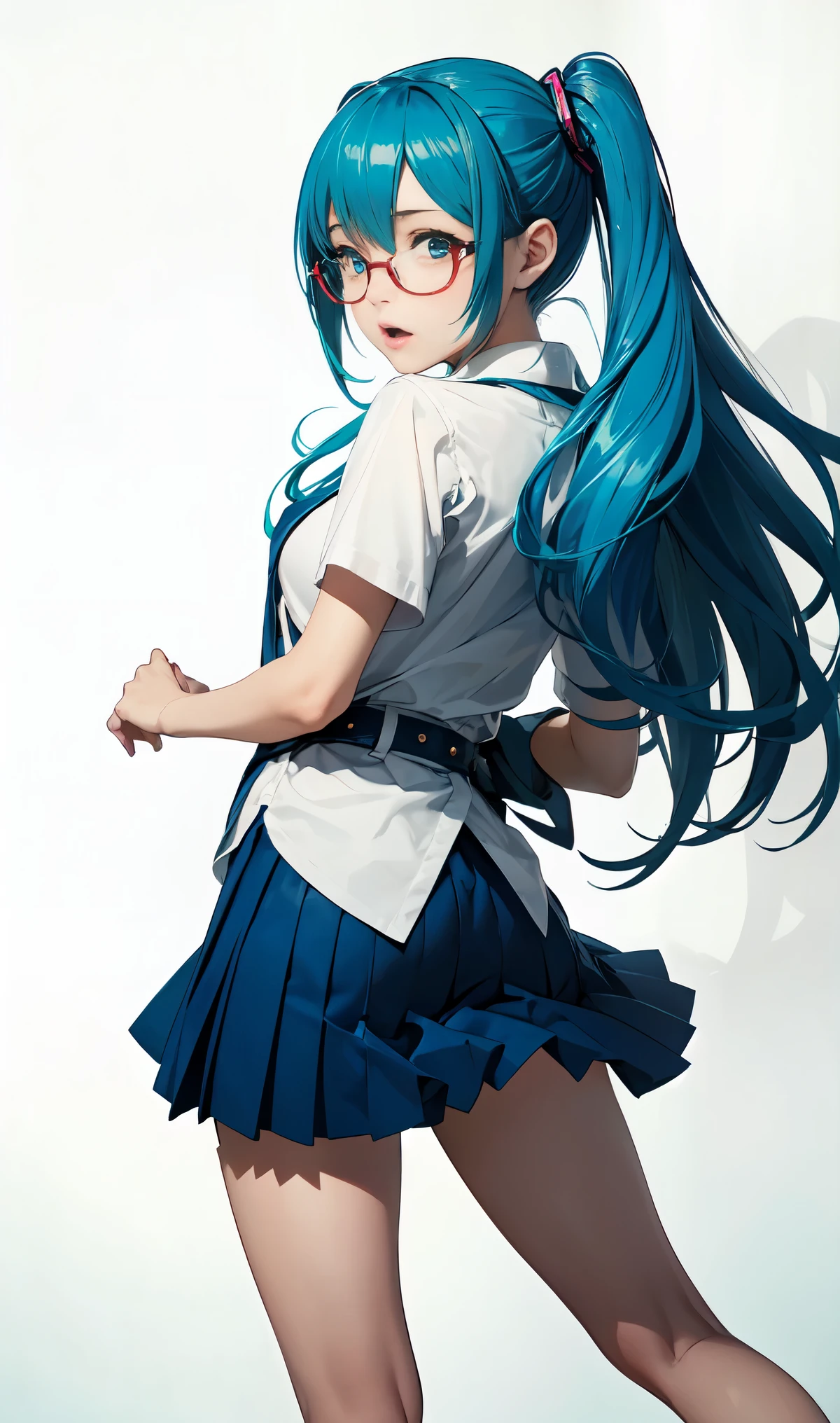Rear view、messy hair、blunt bang cut、pleated skirt、one piece、messy hair、Sloppy、cross-eyed、drunk、turned around、( stupid / sexual ecstasy)、turned around、glasses、highest quality, realistic, Super delicate illustration, beautiful and charming anime girl, miku hatsune, slender body, tied hair, one girl, girl pictures, full body shot, beautiful blue eyes, turned around,