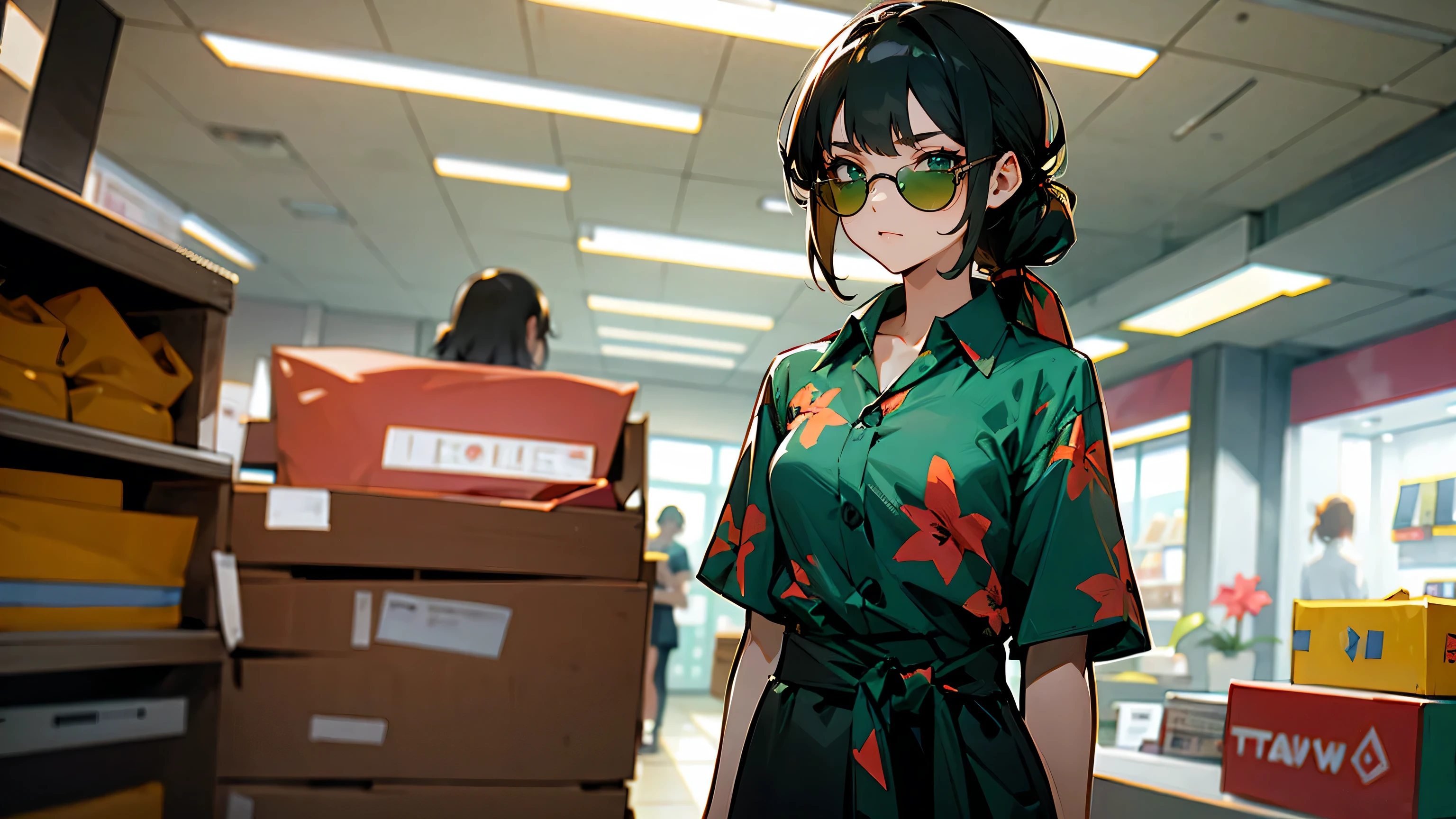 1female, hawaiian hair, tied to the back, green eyes, sunglasses, black hawaiian shirt, tied to waist, watch, inside store
