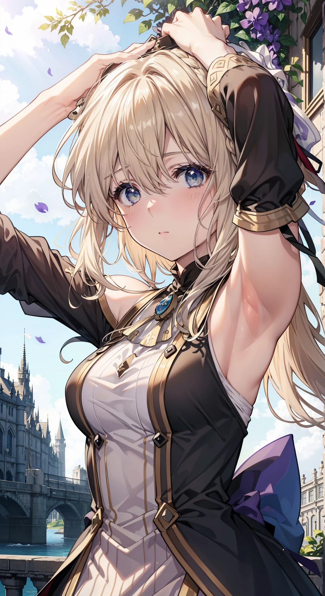 ((masutepiece)), ((Best Quality)), (Ultra-detailed), ((Extremely detailed)), 4K, (8K), Best Quality, (Beautiful), Focus on face0, Cute s, 1girl in, Solo, ((Beautiful eyes))0, (Dynamic Angle: 1.3), Wind, Movie Highlight, Tindall Effect, 1 girl, Upper body, Arms up, look at the audience, extreme close - up, (((Violet_Evergarden))), Solo, Jewelry, deadpan, brooches, Blonde, ( Vevry Long Hair: 1.2), Floating hairlong_sleeves, bow ribbon, Blue_Eyes, Jacket, Dress, gemstone, , Depth_In the_field, flower field, Fluttering petals、Blue eyes、hair between eye, Looking at Viewer, bow ribbon, Red Ribbon, braid, Hair Ribbon, dress,showing armpits.