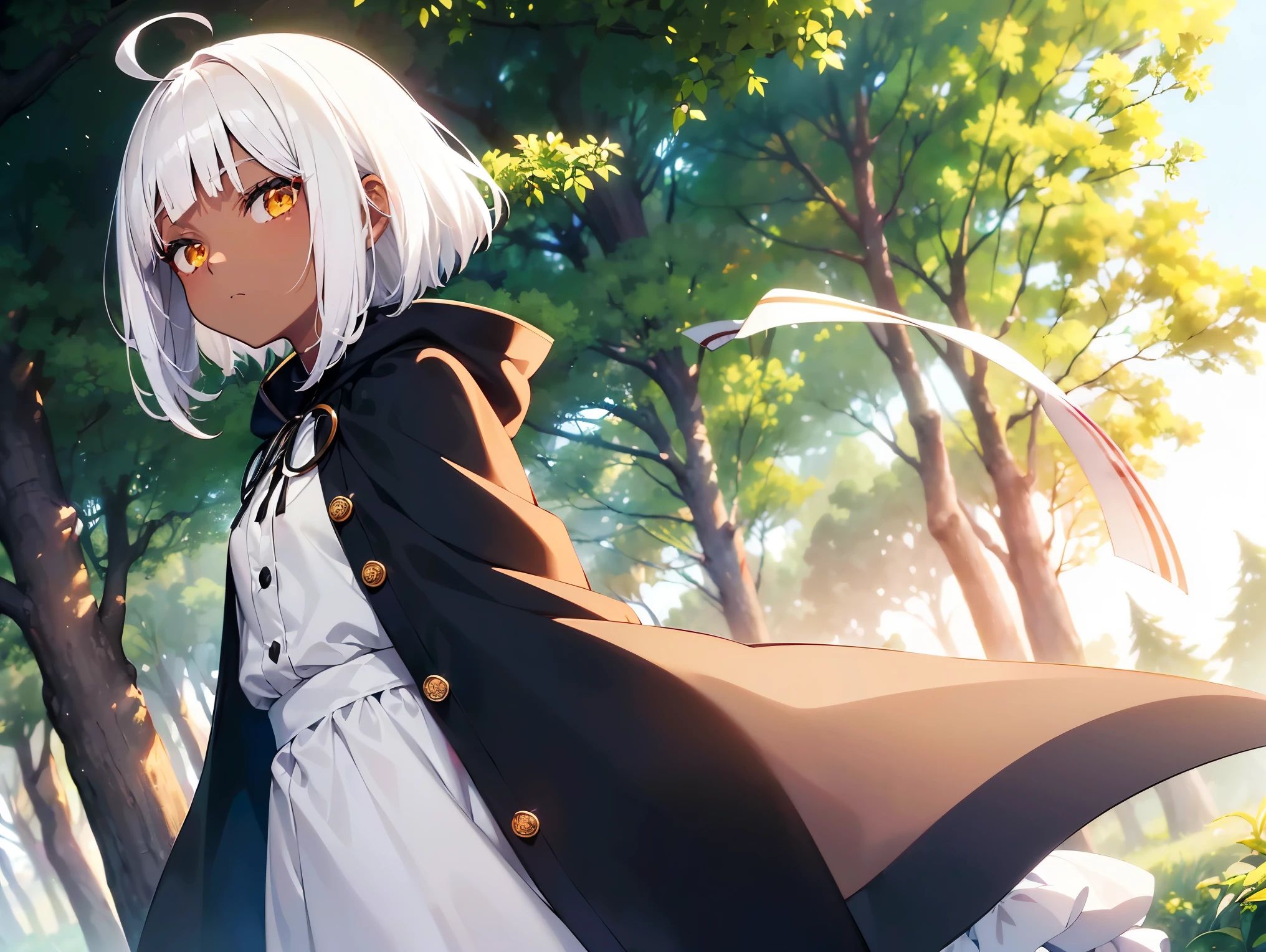 Cimematic vision, nigth, ((1girl)), (ta), ((((Dark skin)))), ((((short white hair)))), (((blunt bangs))), yellow eyes, ((cabelo emaranhado)), ((((no expression)))), Sonolenta, ((ahoge)), ((black cloak)), desleixada, ((melhor qualidade)), ((obra de arte)), (detalhado), rosto perfeito, ((style novel)), ((in forest)), cores beautiful, ((((style anime Shikimori-san))))