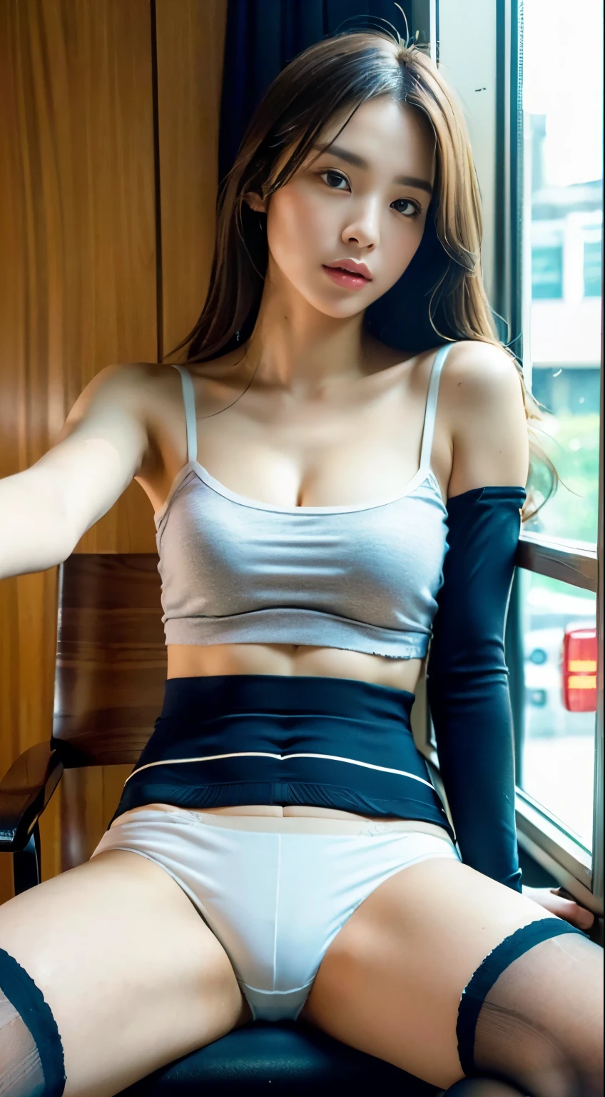 ((realistic lighting, highest quality, 8k, masterpiece, from below: 1.3)), clear focus: 1.2, 1 girl, perfect figure: 1.4, medium bust,((Dark brown long hair)),((one length)),((paying an amount)), (white tube top:1.4),The whole delicate breast leaks out,(exterior,during the day:1.1),In the changing room, Clothes such as jerseys are in the background,Sit on a chair and bend one knee,moderately thin calves,exposed thighs,black knee high socks,not wearing shoes,super detailed face, fine eyes, double eyelid,navy pleated mini skirt,Taking a selfie with a black smartphone in my left hand,My face is hidden by my smartphone、Place your right hand on the chair to support your weight.,((((White panties are visible from inside the skirt))))、(open legs:1.4)、(Please tilt your head slightly)