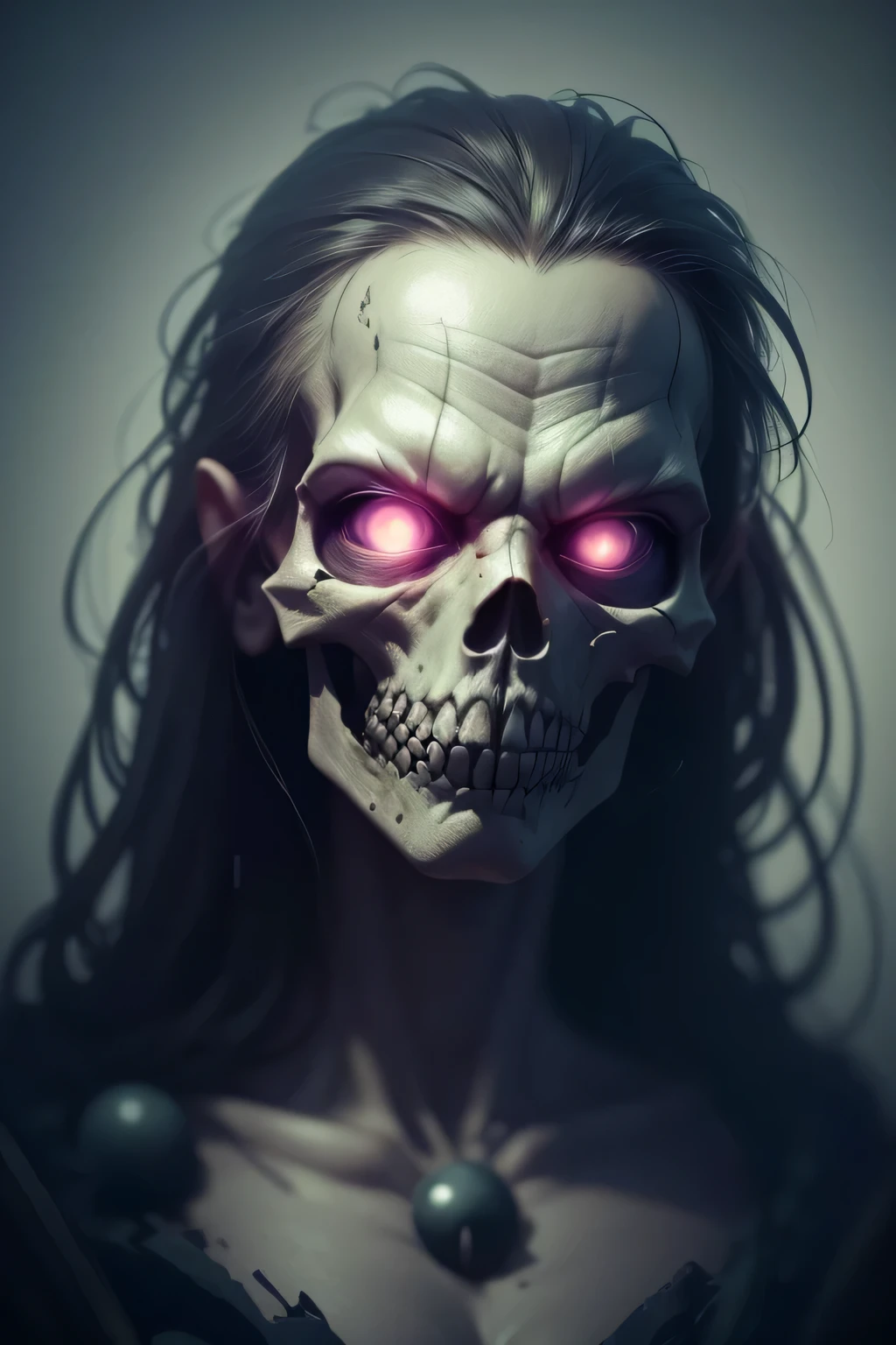 Generate an image of a necromancer standing in the center of a dark and foreboding location. The necromancer's eyes must have a completely white iris, level of detail 1.2. Your face should display a mixture of sensuality and demonic expression. The necromancer's skin should be pale and dead, contrasting with the dark environment. Surrounding the necromancer is a shadowy landscape of rotting, dismembered bodies rising from the earth, souls of the dead, and candles illuminating the symbols of dark magic, level of detail 1.2. using advanced rendering and modeling techniques. Use the following software for creation: 3DS Max, SketchUp, SolidWorks, AutoCAD, Blender, Vectary, MeshMixer, and Unreal Engine 5. Apply photon mapping, radiosity, and physical rendering techniques with automatic white balance for realistic lighting. Create a cinematic lighting setup with a slightly heightened twilight effect. Make sure the final image has a soft focus effect but remains ultra-detailed and realistic. Artwork should not be based on a specific photograph. Evoke a sense of technology and high-quality craftsmanship, reminiscent of a masterpiece of illustration and CG art. Include elements of unity, wallpaper and official art in the composition. Present fine details, extreme delicacy and beauty, with sharp focus and high level of details. Render the woman's hair with detailed bangs. Render the final image with a black background and a plain background. Do not include any watermarks or text overlays in the generated image.