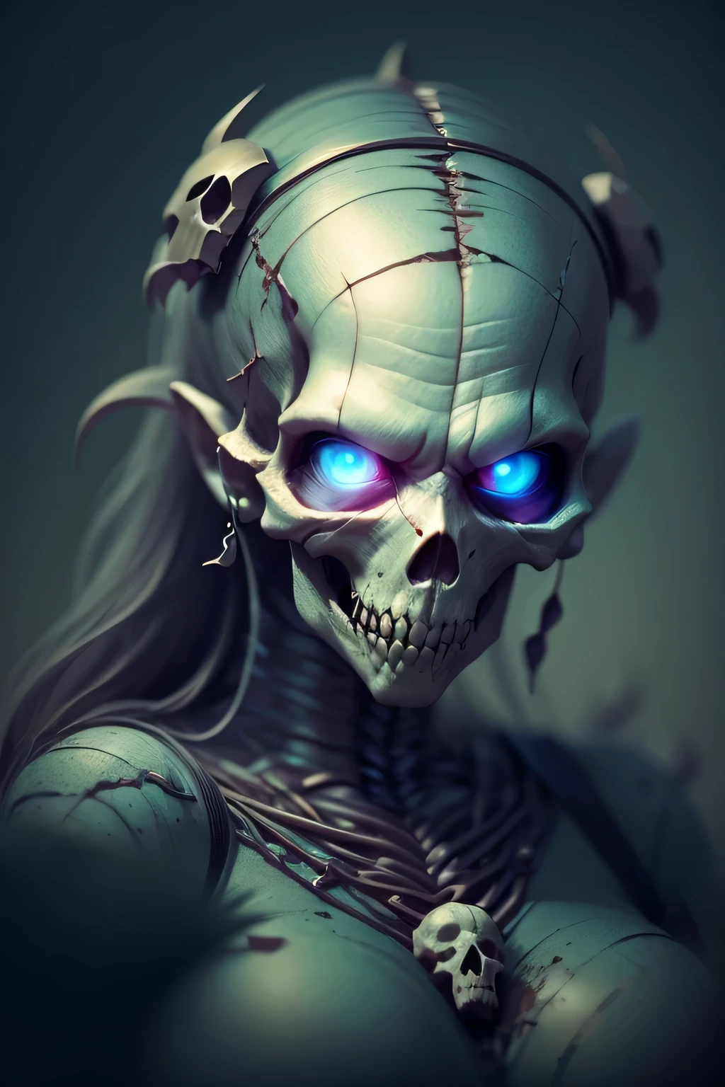 Generate an image of a necromancer standing in the center of a dark and foreboding location. The necromancer's eyes must have a completely white iris, level of detail 1.2. Your face should display a mixture of sensuality and demonic expression. The necromancer's skin should be pale and dead, contrasting with the dark environment. Surrounding the necromancer is a shadowy landscape of rotting, dismembered bodies rising from the earth, souls of the dead, and candles illuminating the symbols of dark magic, level of detail 1.2. using advanced rendering and modeling techniques. Use the following software for creation: 3DS Max, SketchUp, SolidWorks, AutoCAD, Blender, Vectary, MeshMixer, and Unreal Engine 5. Apply photon mapping, radiosity, and physical rendering techniques with automatic white balance for realistic lighting. Create a cinematic lighting setup with a slightly heightened twilight effect. Make sure the final image has a soft focus effect but remains ultra-detailed and realistic. Artwork should not be based on a specific photograph. Evoke a sense of technology and high-quality craftsmanship, reminiscent of a masterpiece of illustration and CG art. Include elements of unity, wallpaper and official art in the composition. Present fine details, extreme delicacy and beauty, with sharp focus and high level of details. Render the woman's hair with detailed bangs. Render the final image with a black background and a plain background. Do not include any watermarks or text overlays in the generated image.