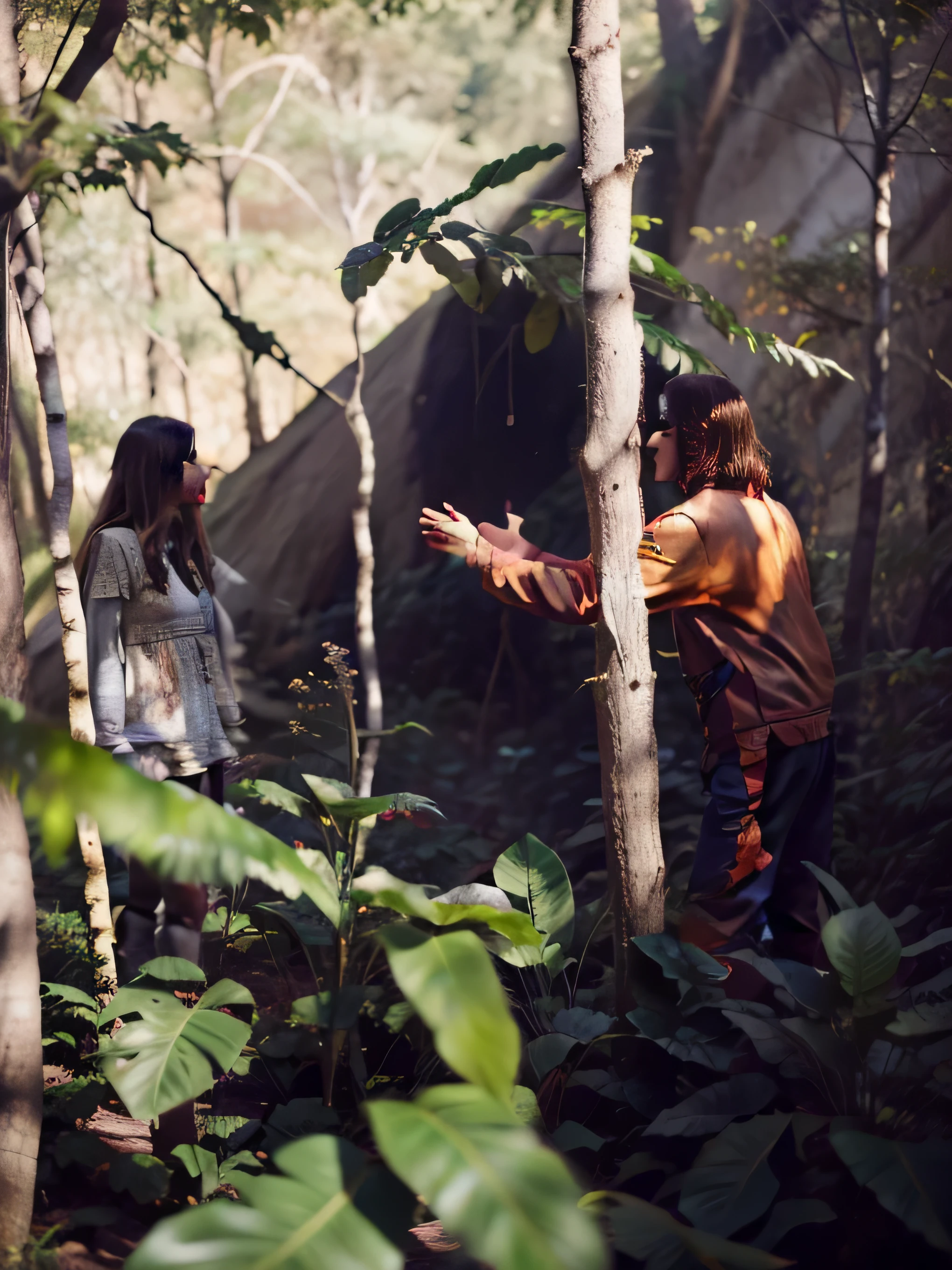 ombat between two characters, forest background. forest.