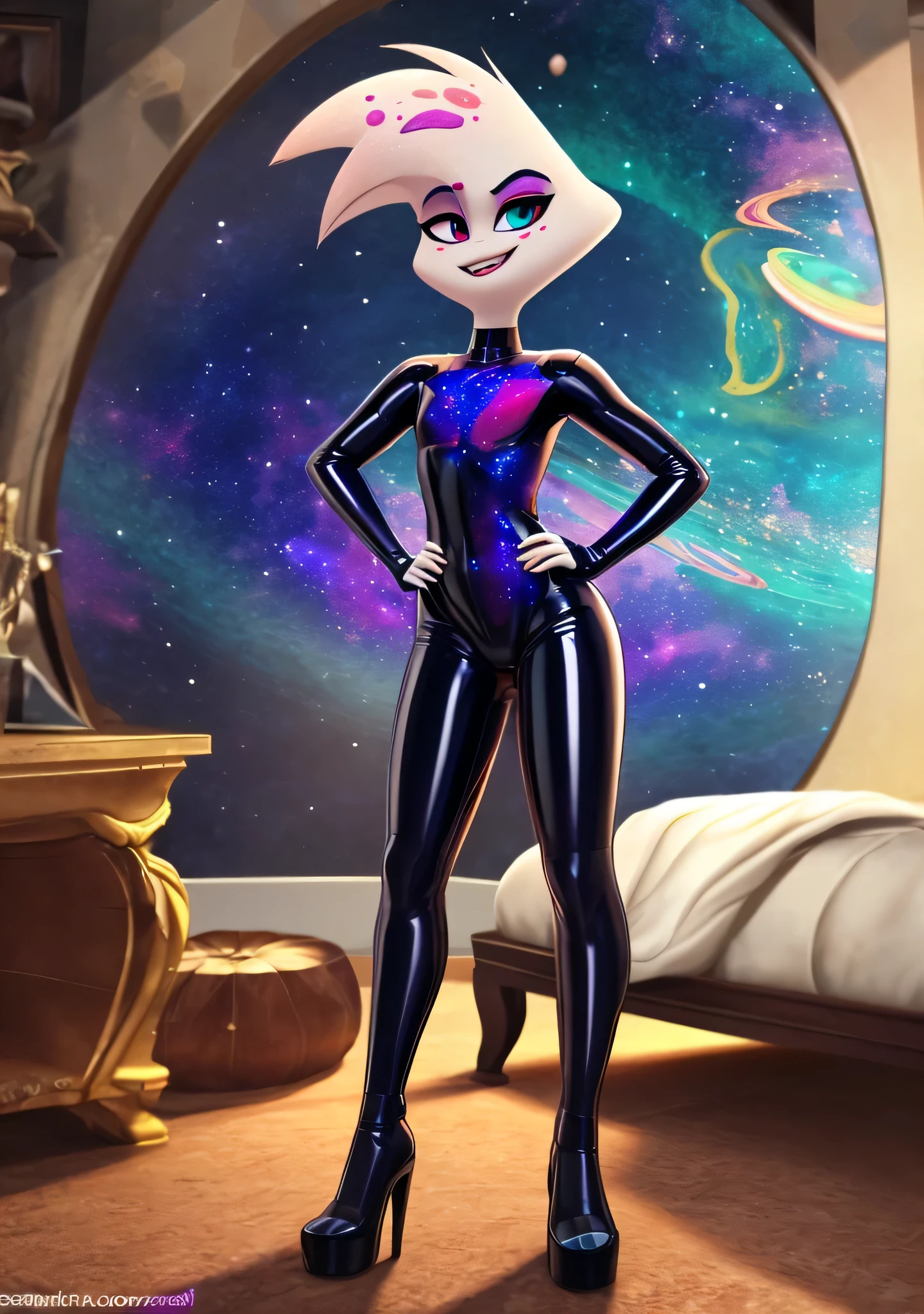 ((masterpiece)), ((8k quality)), (no watermark), Angel Dust, male, mouth closed, detailed bedroom, standing, one hand on his hip, other hand at his side, (solo:1.4), sleek, shiny (((cosmic:1.5))) colored latex suit