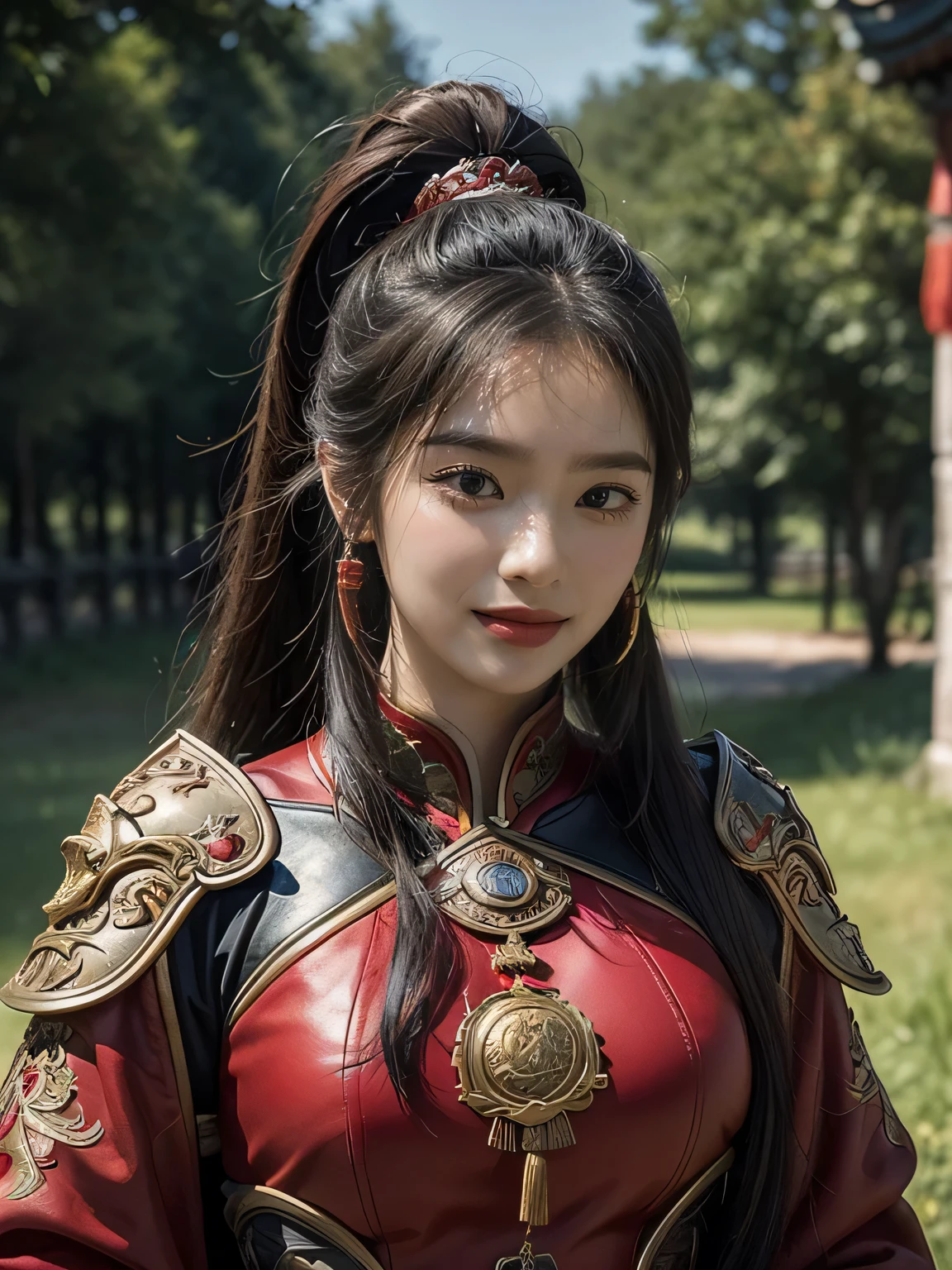 masterpiece，Best quality，HD quality，face close-up，A high resolution，8K，Ancient battlefield background, ((field：1.8))，(Female generals on the battlefield in the Han Dynasty)，18-year-old girl，（long ponytail hairstyle)，cparted lips，Full and erect breasts，Noble and charming，Elegant and serious，Chinese armor,sword, Chinese architecture, red cloak，，The combination of white metal and red leather，metallic luster，Leather buckle，Exquisite pattern，mysterious badge，Cool and gorgeouig breasts))，Chest groove，Three Kingdoms character painting style，Photo pose，oc render reflection texture，charming smile，Head-up shot，bright afternoon，woodland background