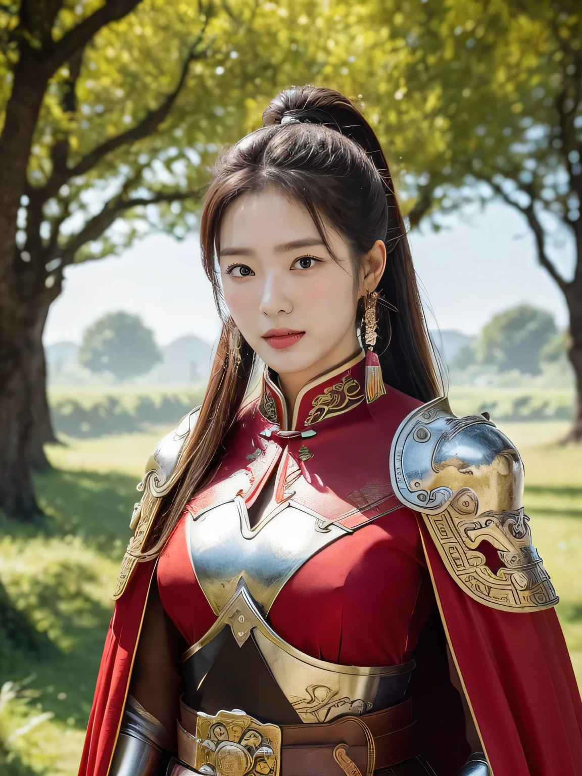 masterpiece,Best quality,HD quality,face close-up,A high resolution,8K,Ancient battlefield background, ((field:1.8)),(Female generals on the battlefield in the Han Dynasty),18-year-old girl,(long ponytail hairstyle),cparted lips,Full and erect breasts,Noble and charming,Elegant and serious,Chinese armor,sword, Chinese architecture, red cloak,,The combination of white metal and red leather,metallic luster,Leather buckle,Exquisite pattern,mysterious badge,Cool and gorgeouig breasts)),Chest groove,Three Kingdoms character painting style,Photo pose,oc render reflection texture,charming smile,Head-up shot,bright afternoon,woodland background
