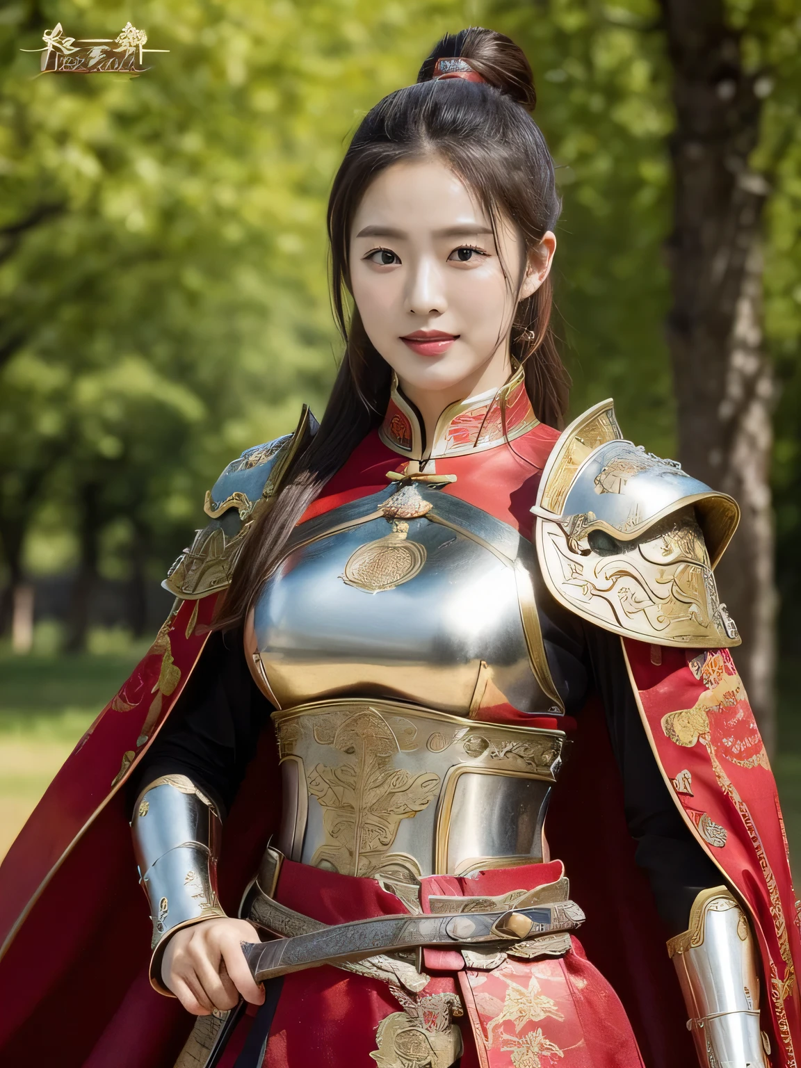 masterpiece,Best quality,HD quality,face close-up,A high resolution,8K,Ancient battlefield background, ((field:1.8)),(Female generals on the battlefield in the Han Dynasty),18-year-old girl,(long ponytail hairstyle),cparted lips,Full and erect breasts,Noble and charming,Elegant and serious,Chinese armor,sword, Chinese architecture, red cloak,,The combination of white metal and red leather,metallic luster,Leather buckle,Exquisite pattern,mysterious badge,Cool and gorgeouig breasts)),Chest groove,Three Kingdoms character painting style,Photo pose,oc render reflection texture,charming smile,Head-up shot,bright afternoon,woodland background