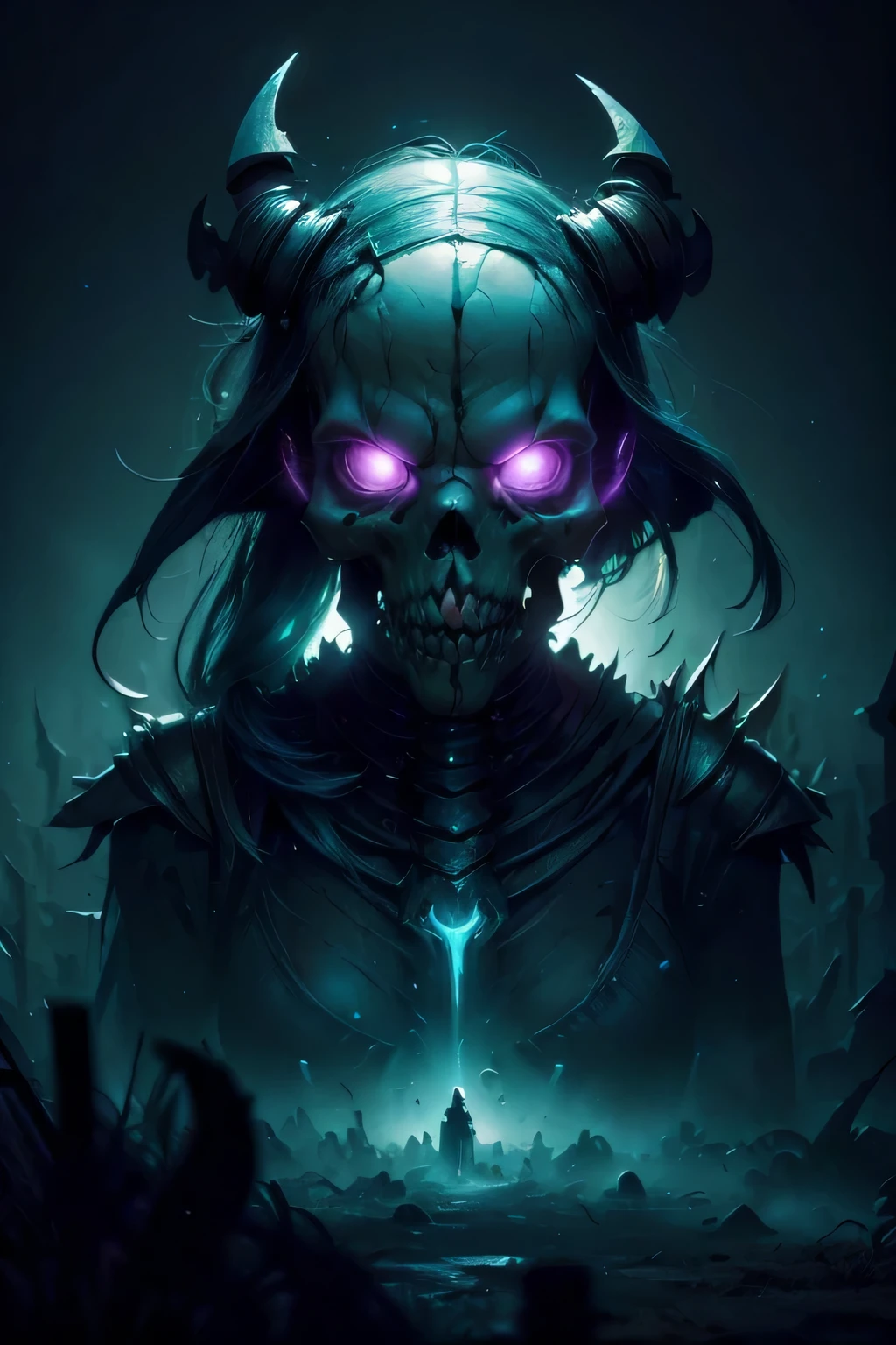 Generate an image of a necromancer standing in the center of a dark and foreboding location. The necromancer's eyes must have a completely white iris, level of detail 1.2. Your face should display a mixture of sensuality and demonic expression. The necromancer's skin should be pale and dead, contrasting with the dark environment. Surrounding the necromancer is a shadowy landscape of rotting, dismembered bodies rising from the earth, souls of the dead, and candles illuminating the symbols of dark magic, level of detail 1.2. using advanced rendering and modeling techniques. Use the following software for creation: 3DS Max, SketchUp, SolidWorks, AutoCAD, Blender, Vectary, MeshMixer, and Unreal Engine 5. Apply photon mapping, radiosity, and physical rendering techniques with automatic white balance for realistic lighting. Create a cinematic lighting setup with a slightly heightened twilight effect. Make sure the final image has a soft focus effect but remains ultra-detailed and realistic. Artwork should not be based on a specific photograph. Evoke a sense of technology and high-quality craftsmanship, reminiscent of a masterpiece of illustration and CG art. Include elements of unity, wallpaper and official art in the composition. Present fine details, extreme delicacy and beauty, with sharp focus and high level of details. Render the woman's hair with detailed bangs. Render the final image with a black background and a plain background. Do not include any watermarks or text overlays in the generated image.