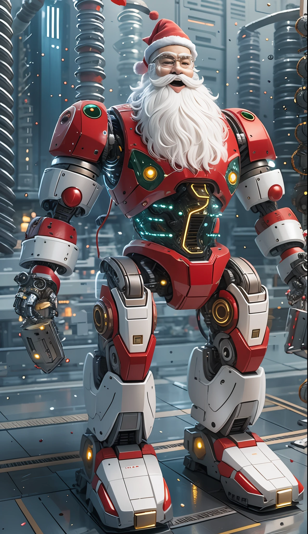 Robot Santa, Futuristic mechanical design,Combining elements of traditional Santa Claus with advanced technology. The robot may have a sleek metal body, Illuminated LED light, and a robotic arm that can efficiently distribute gifts.. It could have a digital display on its face,Imitate Santa's expression of joy and kindness. The scene can be set in a high-tech workshop full of automated machinery and conveyor belts, Robot Santa is busy preparing and sorting gifts for delivery. This futuristic twist on the traditional Santa Claus blends the magic of Christmas with the innovations of modern technology.