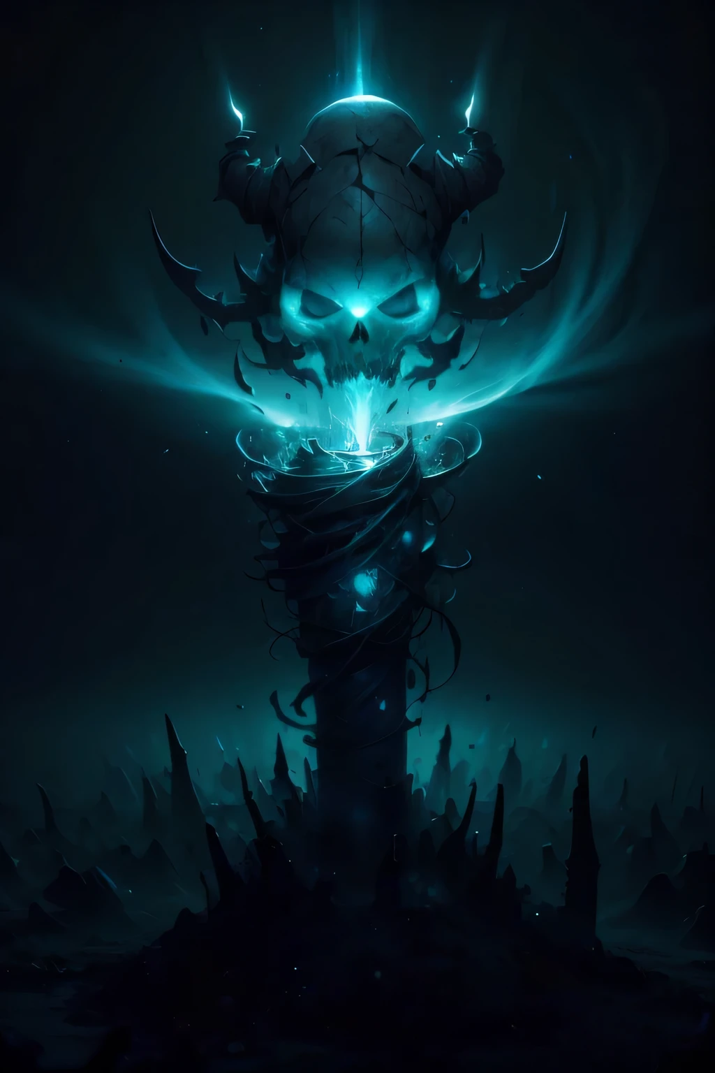 Generate an image of a necromancer standing in the center of a dark and foreboding location. The necromancer's eyes must have a completely white iris, level of detail 1.2. Your face should display a mixture of sensuality and demonic expression. The necromancer's skin should be pale and dead, contrasting with the dark environment. Surrounding the necromancer is a shadowy landscape of rotting, dismembered bodies rising from the earth, souls of the dead, and candles illuminating the symbols of dark magic, level of detail 1.2. using advanced rendering and modeling techniques. Use the following software for creation: 3DS Max, SketchUp, SolidWorks, AutoCAD, Blender, Vectary, MeshMixer, and Unreal Engine 5. Apply photon mapping, radiosity, and physical rendering techniques with automatic white balance for realistic lighting. Create a cinematic lighting setup with a slightly heightened twilight effect. Make sure the final image has a soft focus effect but remains ultra-detailed and realistic. Artwork should not be based on a specific photograph. Evoke a sense of technology and high-quality craftsmanship, reminiscent of a masterpiece of illustration and CG art. Include elements of unity, wallpaper and official art in the composition. Present fine details, extreme delicacy and beauty, with sharp focus and high level of details. Render the woman's hair with detailed bangs. Render the final image with a black background and a plain background. Do not include any watermarks or text overlays in the generated image.