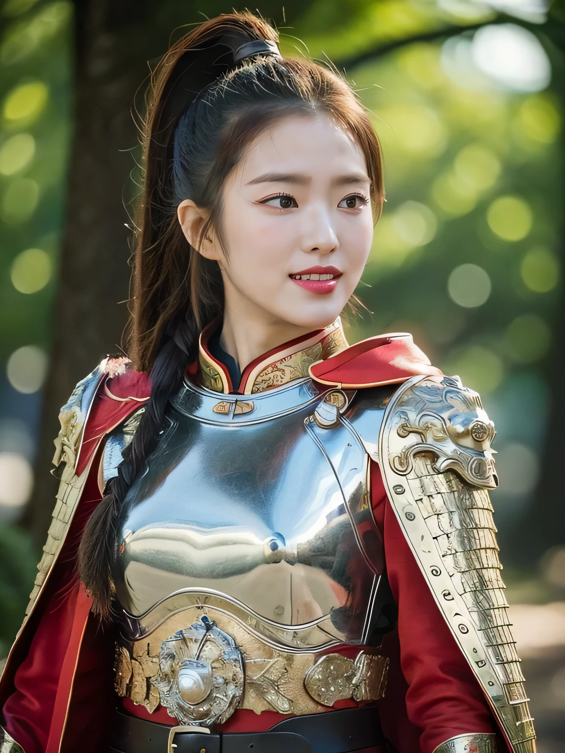 masterpiece,Best quality,HD quality,face close-up,A high resolution,8K,Ancient battlefield background, ((field:1.8)),(Female generals on the battlefield in the Han Dynasty),18-year-old girl,(long ponytail hairstyle),cparted lips,Full and erect breasts,Noble and charming,Elegant and serious,Chinese armor,sword, Chinese architecture, red cloak,,The combination of white metal and red leather,metallic luster,Leather buckle,Exquisite pattern,mysterious badge,Cool and gorgeouig breasts)),Chest groove,Three Kingdoms character painting style,Photo pose,oc render reflection texture,charming smile,Head-up shot,bright afternoon,woodland background