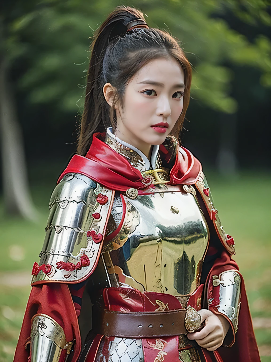 masterpiece,Best quality,HD quality,face close-up,A high resolution,8K,Ancient battlefield background, ((field:1.8)),(Female generals on the battlefield in the Han Dynasty),18-year-old girl,(long ponytail hairstyle),cparted lips,Full and erect breasts,Noble and charming,Elegant and serious,Chinese armor,sword, Chinese architecture, red cloak,,The combination of white metal and red leather,metallic luster,Leather buckle,Exquisite pattern,mysterious badge,Cool and gorgeouig breasts)),Chest groove,Three Kingdoms character painting style,Photo pose,oc render reflection texture,charming smile,Head-up shot,bright afternoon,woodland background