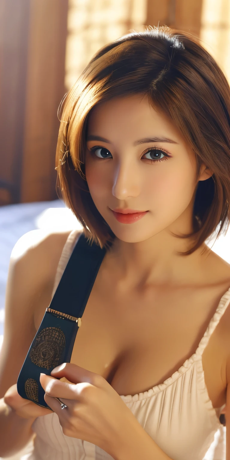 masterpiece、highest quality、High resolution、table top、wallpaper、realistic、bright lighting、professional lighting、face light、smooth lighting、japanese woman、adult、Beautiful woman、action、gravure、sexy、poor、super beautiful、beautiful skin、beautiful and detailed eyes、detailed face、slim、moderately、short hair、brunette colored hair、brown eyes、look at the camera、Let me'play the ukulele、