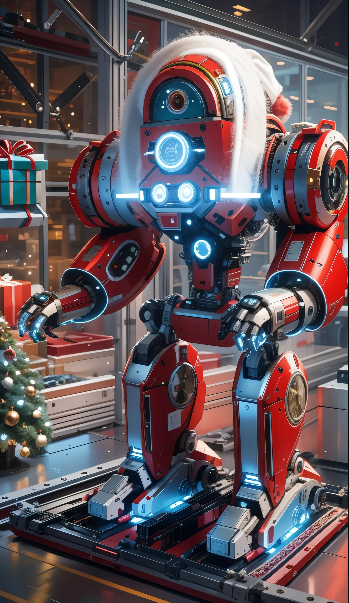 Robot Santa, Futuristic mechanical design，Combining elements of traditional Santa Claus with advanced technology. The robot may have a sleek metal body, Illuminated LED light, and a robotic arm that can efficiently distribute gifts.. It could have a digital display on its face，Imitate Santa&#39;s expression of joy and kindness. The scene can be set in a high-tech workshop full of automated machinery and conveyor belts, Robot Santa is busy preparing and sorting gifts for delivery. This futuristic twist on the traditional Santa Claus blends the magic of Christmas with the innovations of modern technology.