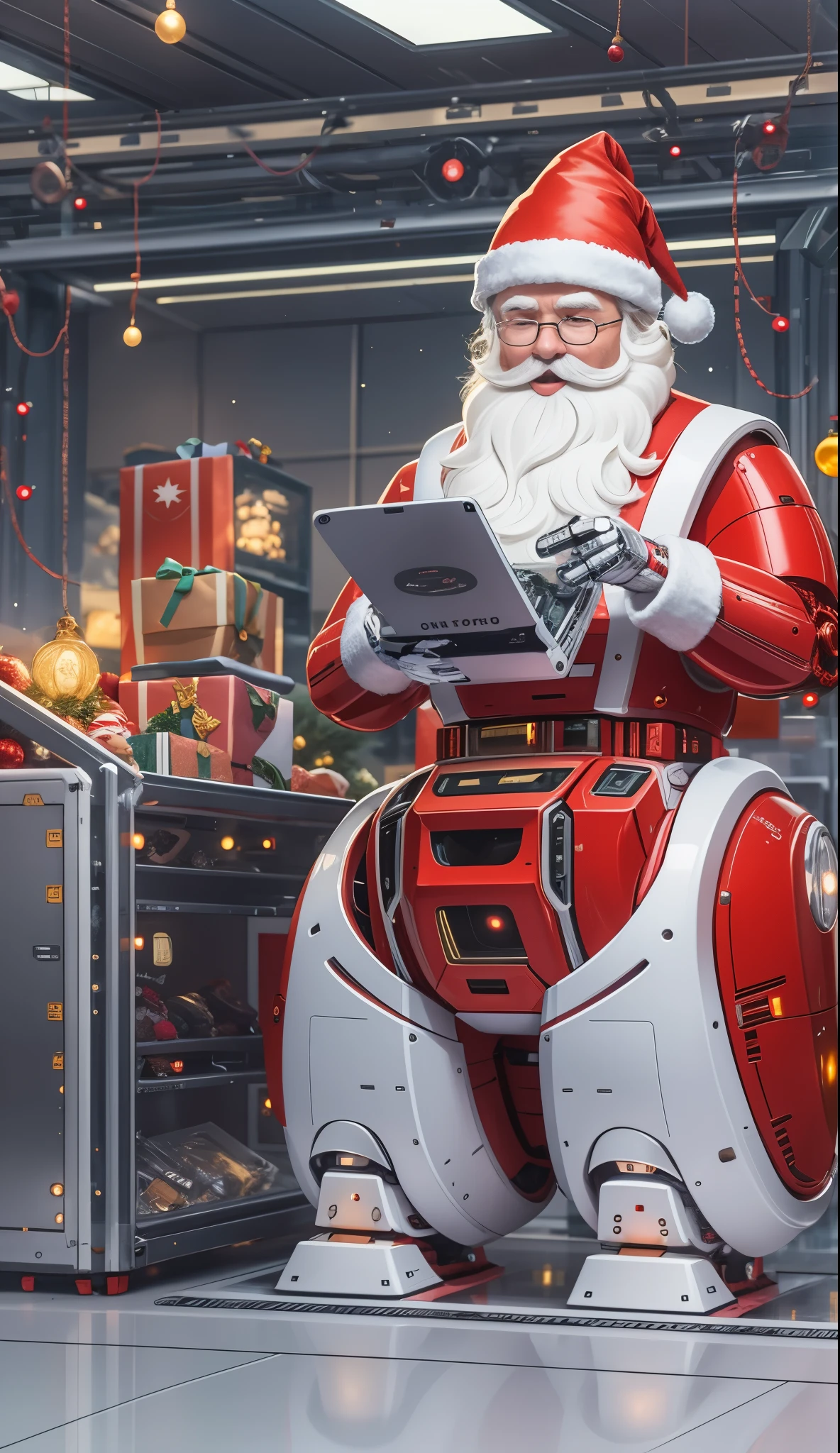 Robot Santa, Futuristic mechanical design,Combining elements of traditional Santa Claus with advanced technology. The robot may have a sleek metal body, Illuminated LED light, and a robotic arm that can efficiently distribute gifts.. It could have a digital display on its face,Imitate Santa's expression of joy and kindness. The scene can be set in a high-tech workshop full of automated machinery and conveyor belts, Robot Santa is busy preparing and sorting gifts for delivery. This futuristic twist on the traditional Santa Claus blends the magic of Christmas with the innovations of modern technology.