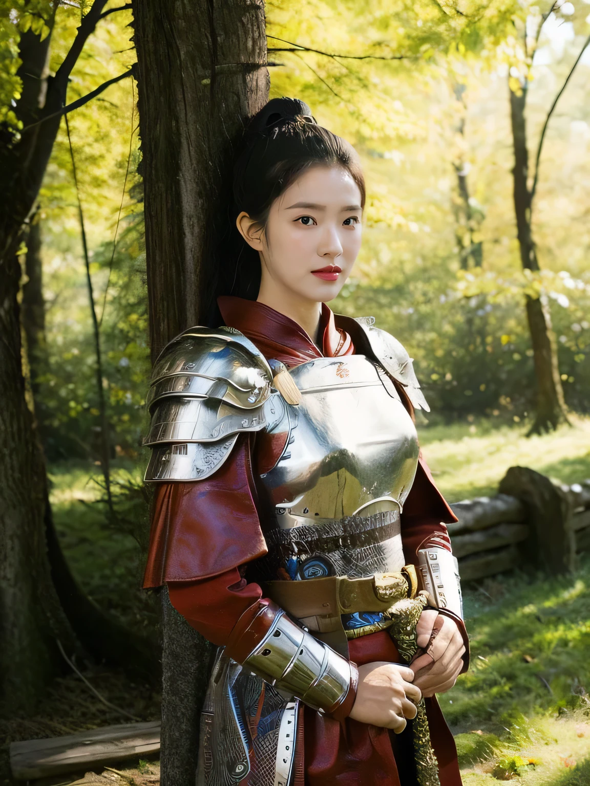 masterpiece，Best quality，HD quality，face close-up，A high resolution，8K，Ancient battlefield background, ((field：1.8))，(Female generals on the battlefield in the Han Dynasty)，18-year-old girl，（long ponytail hairstyle)，cparted lips，Full and erect breasts，Noble and charming，Elegant and serious，Chinese armor,sword, Chinese architecture, red cloak，，The combination of white metal and red leather，metallic luster，Leather buckle，Exquisite pattern，mysterious badge，Cool and gorgeouig breasts))，Chest groove，Three Kingdoms character painting style，Photo pose，oc render reflection texture，charming smile，Head-up shot，bright afternoon，woodland background