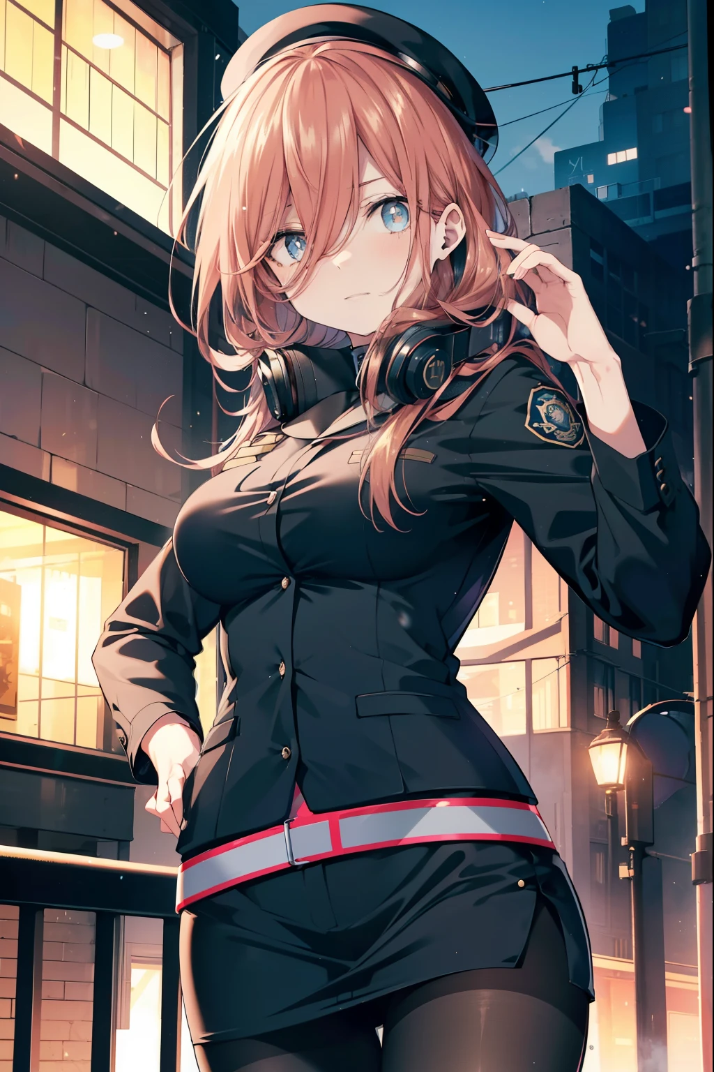 miku nakano, Nakano Miku Ticket III, long hair, bangs, blue eyes, brown hair, hair between eyes, headphones around neck,police hat,sexy police uniform,black pencil skirt,black pantyhose,stiletto heels,The girl salutes with her left hand,Place your right hand on your hip.,Peeking from below,sunrise,morning,sun,
break outdoors, In town,building street,
break looking at viewer, (cowboy shot:1.5), (Upper body:1.5),
break (masterpiece:1.2), highest quality, High resolution, unity 8k wallpaper, (figure:0.8), (detailed and beautiful eyes:1.6), highly detailed face, perfect lighting, Very detailed CG, (perfect hands, perfect anatomy),