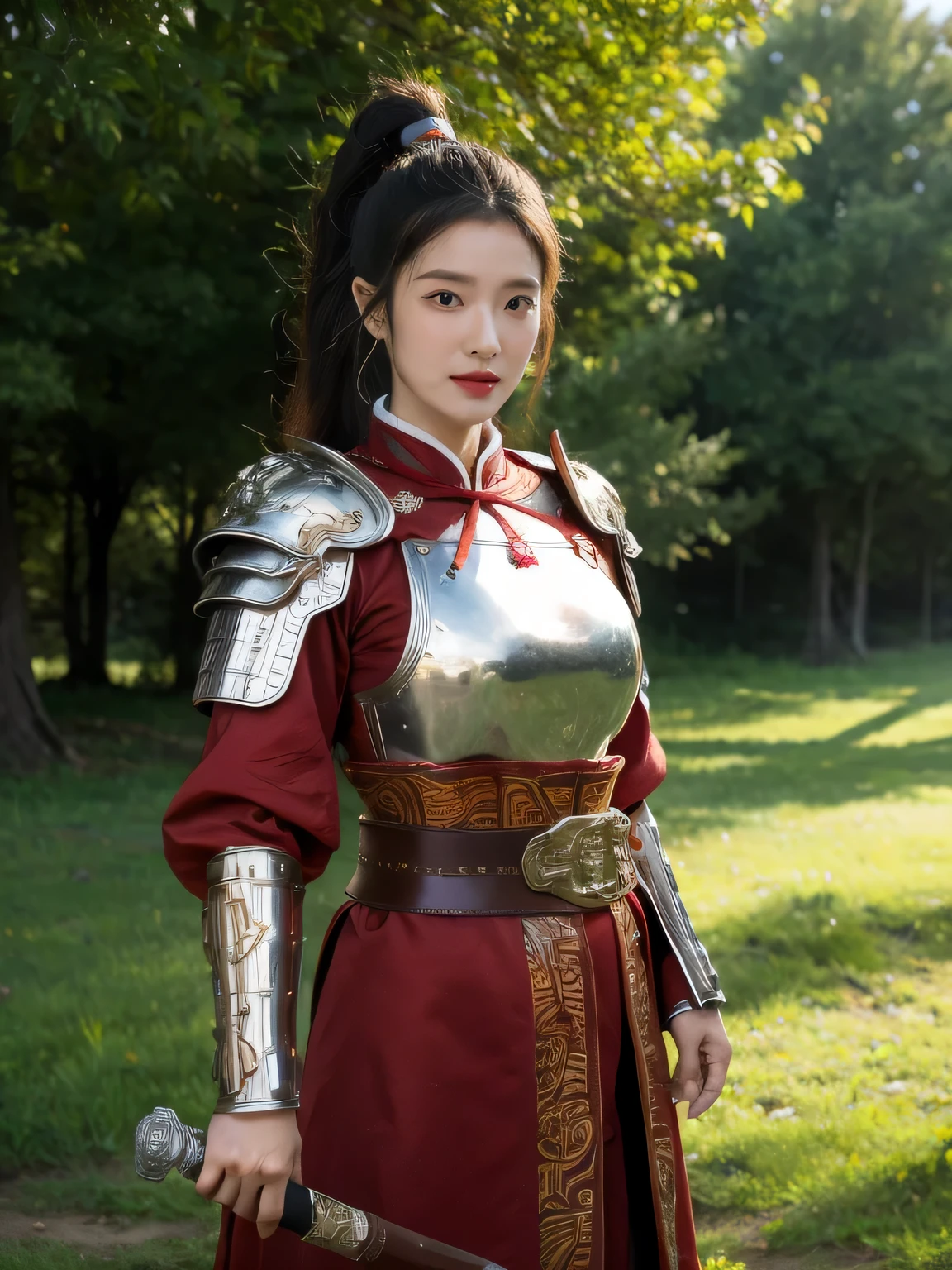 masterpiece,Best quality,HD quality,face close-up,A high resolution,8K,Ancient battlefield background, ((field:1.8)),(Female generals on the battlefield in the Han Dynasty),18-year-old girl,(long ponytail hairstyle),cparted lips,Full and erect breasts,Noble and charming,Elegant and serious,Chinese armor,sword, Chinese architecture, red cloak,,The combination of white metal and red leather,metallic luster,Leather buckle,Exquisite pattern,mysterious badge,Cool and gorgeouig breasts)),Chest groove,Three Kingdoms character painting style,Photo pose,oc render reflection texture,charming smile,Head-up shot,bright afternoon,woodland background