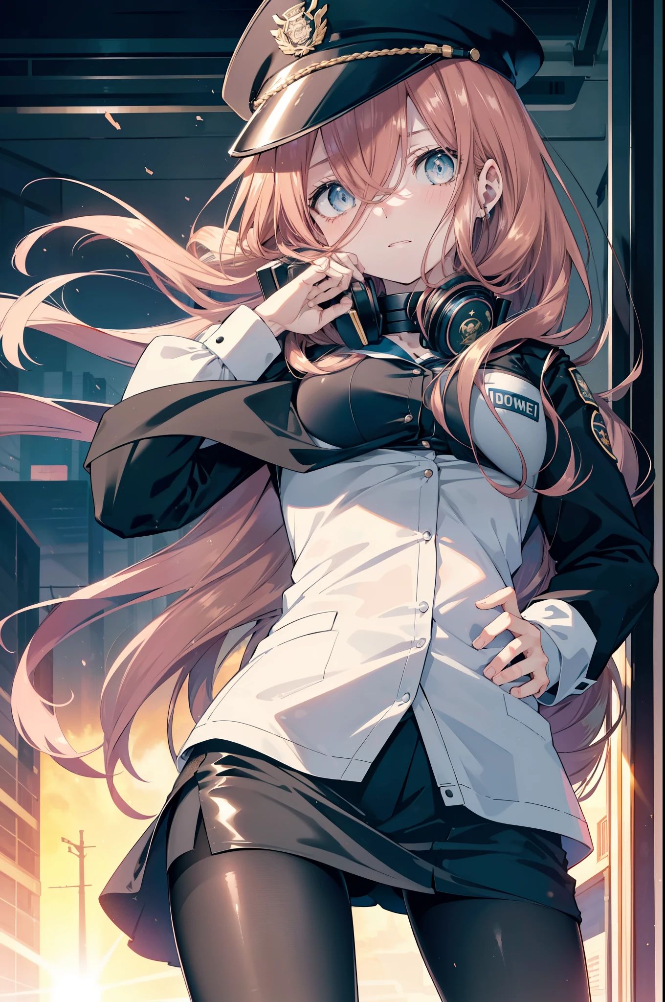 miku nakano, Nakano Miku Ticket III, long hair, bangs, blue eyes, brown hair, hair between eyes, headphones around neck,police hat,sexy police uniform,black pencil skirt,black pantyhose,stiletto heels,The girl salutes with her left hand,Place your right hand on your hip.,Peeking from below,sunrise,morning,sun,
break outdoors, In town,building street,
break looking at viewer, (cowboy shot:1.5), (Upper body:1.5),
break (masterpiece:1.2), highest quality, High resolution, unity 8k wallpaper, (figure:0.8), (detailed and beautiful eyes:1.6), highly detailed face, perfect lighting, Very detailed CG, (perfect hands, perfect anatomy),