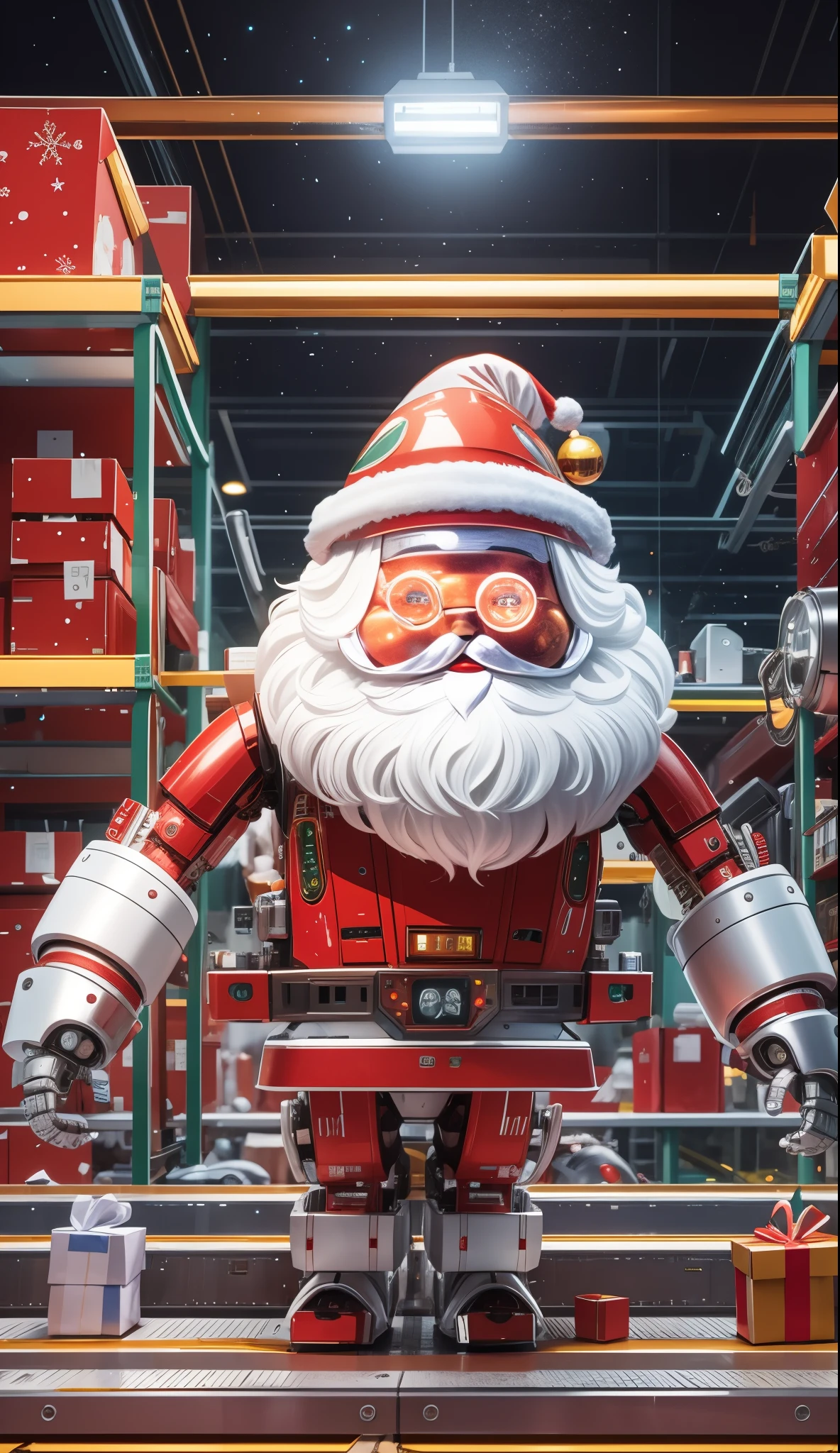 Robot Santa, Futuristic mechanical design，Combining elements of traditional Santa Claus with advanced technology. The robot may have a sleek metal body, Illuminated LED light, and a robotic arm that can efficiently distribute gifts.. It could have a digital display on its face，Imitate Santa&#39;s expression of joy and kindness. The scene can be set in a high-tech workshop full of automated machinery and conveyor belts, Robot Santa is busy preparing and sorting gifts for delivery. This futuristic twist on the traditional Santa Claus blends the magic of Christmas with the innovations of modern technology.