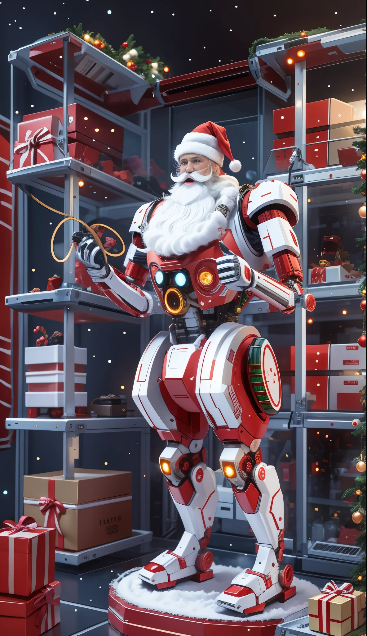 Robot Santa, Futuristic mechanical design,Combining elements of traditional Santa Claus with advanced technology. The robot may have a sleek metal body, Illuminated LED light, and a robotic arm that can efficiently distribute gifts.. It could have a digital display on its face,Imitate Santa's expression of joy and kindness. The scene can be set in a high-tech workshop full of automated machinery and conveyor belts, Robot Santa is busy preparing and sorting gifts for delivery. This futuristic twist on the traditional Santa Claus blends the magic of Christmas with the innovations of modern technology.