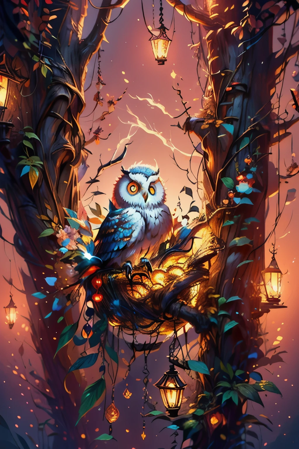 there is a bird sitting in a nest on a tree, adorable digital painting, cute detailed digital art, cute owl, radiant owl, in a nest, digital painting highly detailed, glowing owl, a beautiful artwork illustration, highly detailed digital painting, very very small owl, with a cute fluffy owl, beautiful digital artwork, cute digital art, glowing white owl, highly detailed illustration