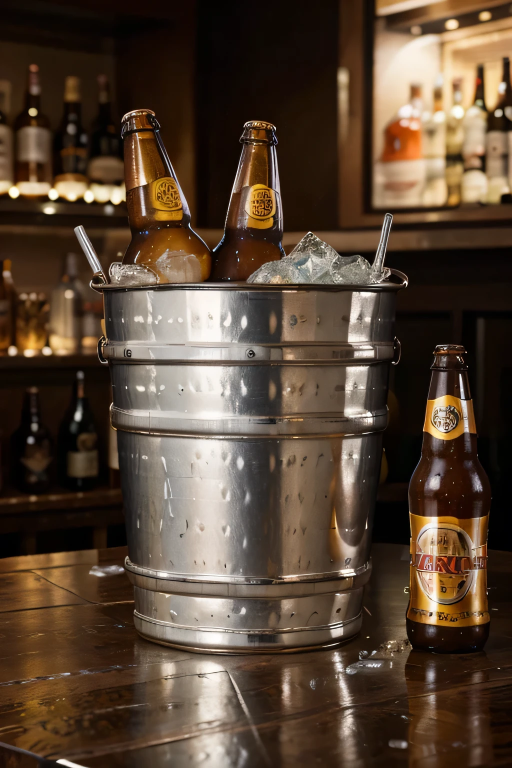 gerar uma imagem ultra-realista de um balde prateado em tamanho real em uma mesa de bar com gelo e garrafas de cerveja grandes