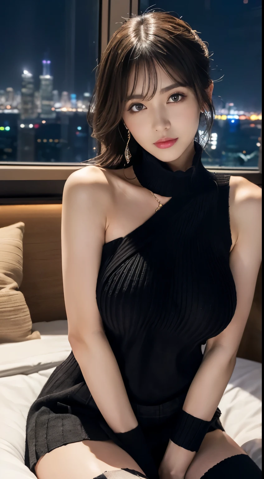 (((masterpiece:1.4, highest quality:1.4, 8k,))), ultra high resolution, Physically based rendering, portrait, super beautiful sexy woman, 24-years-old, alone, nice big eyes, thin and thin eyebrows, eye highlights, ((light brown short half up hair:1.1)), Highly detailed face and skin texture, sharp focus, clear focus:1.2, Slender beauty:1.4, (((huge breasts:1.4))), slim abs, oval face, lip gloss, clear facial features, ((gentle smile:1.2)), (((Bare Shoulder Sleeveless Black Knit Sweater, No arm cover, Cropped length:1.2))), beautiful clavicle, (Navel exposure:1.1), (((Pleated plaid black miniskirt)))), beautiful feet,, ((transparent black knee high socks:1.2)), full body shot, arched waist, ((night view of skyscrapers:1.4)), City hotel at night, on the bed, warm lighting,