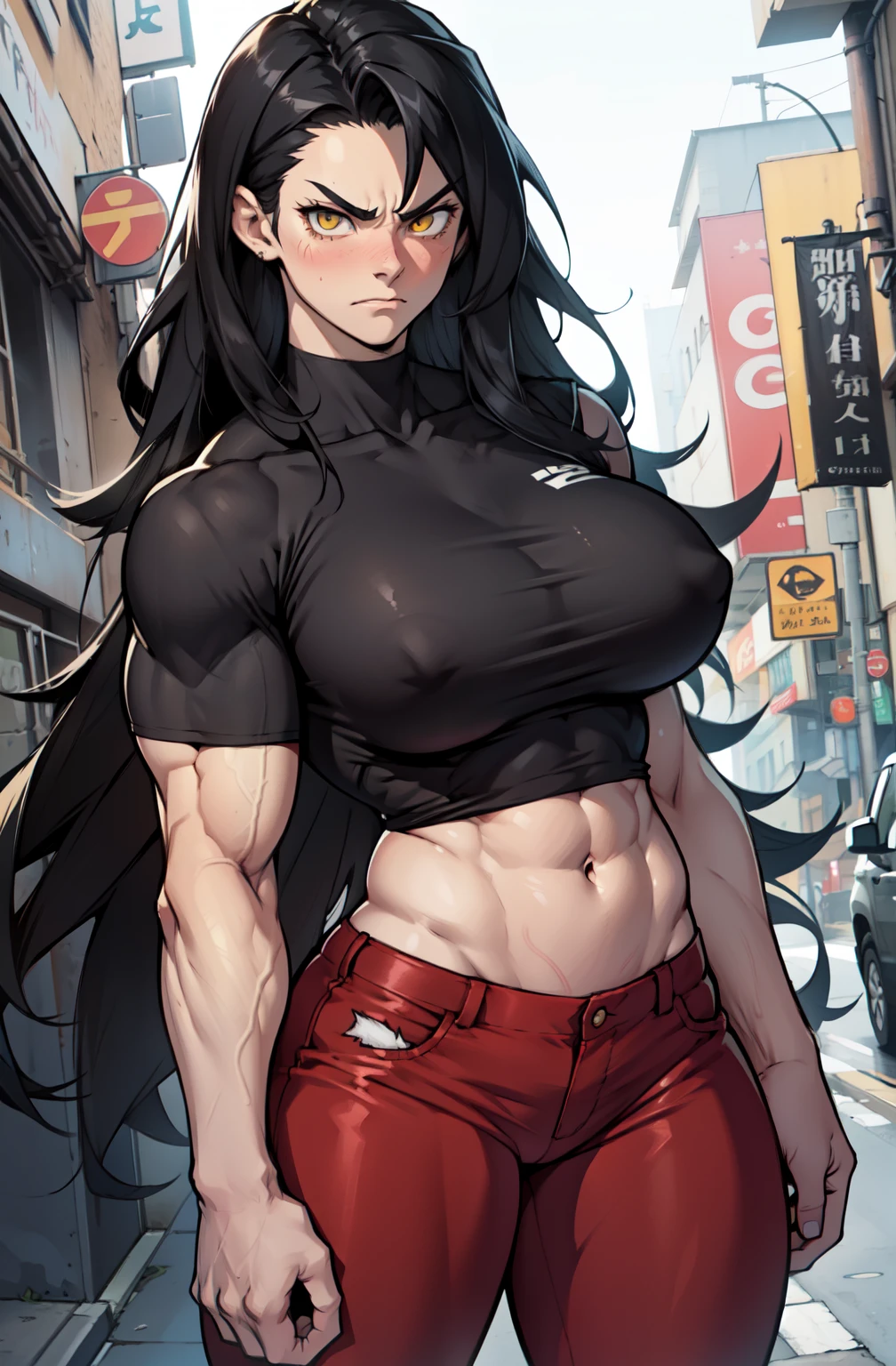 1girl, extremely long hair, solo, ((muscular)), veins, black hair, yellow eyes, blushing, thick thighs, pale skin, strong, veins, abs, big thighs, huge breasts, navel, standing, angry, tight pants, tight shirt