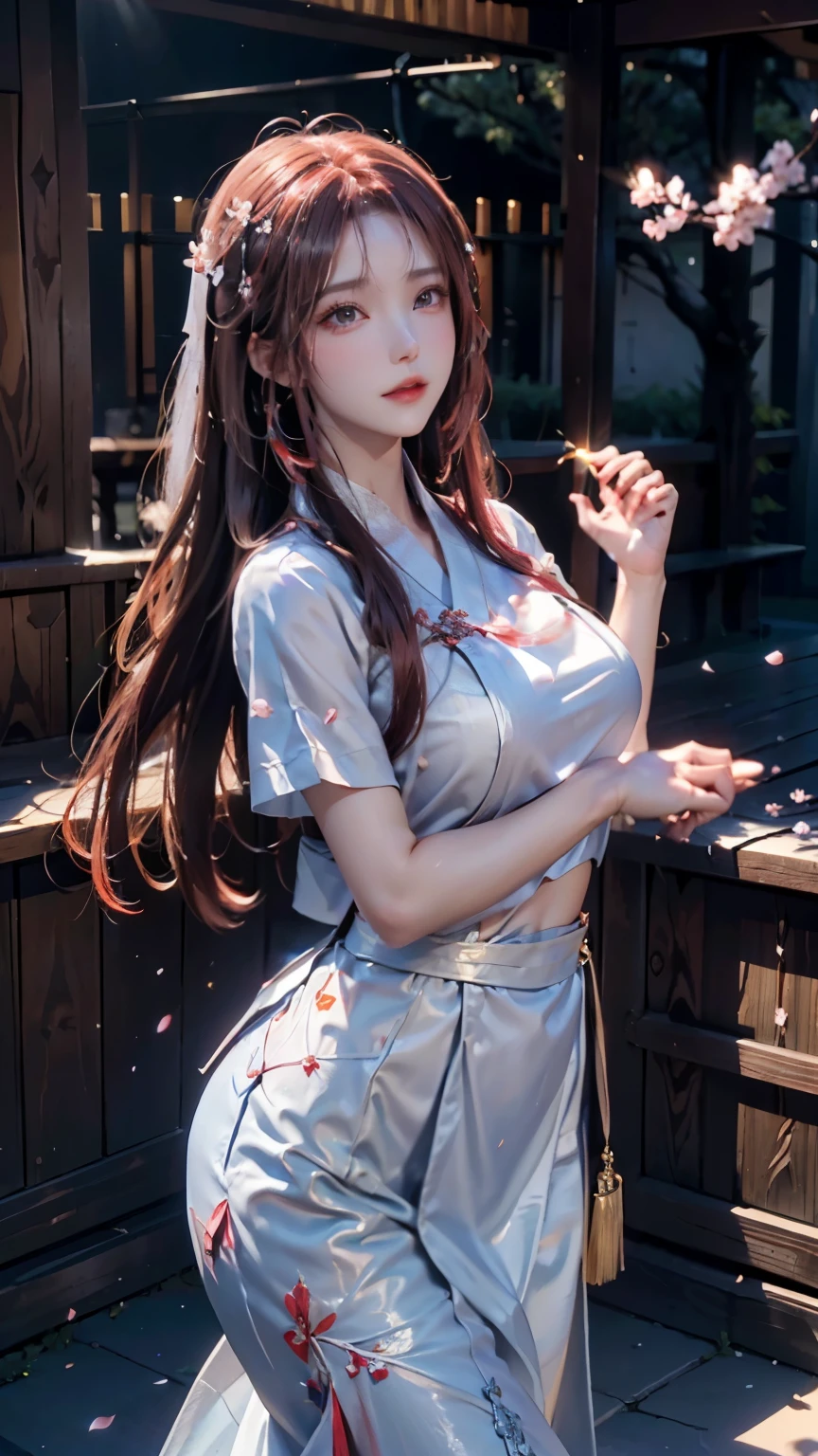 ((logo, masterpiece, 8k, table top, RAW photo, wonderful, 最high quality, Photorealistic and hvery detailed CG integrated 8k wallpaper, high quality, very detailed, Narrative poem, particle effects, dynamic effects, Depth of written boundary, cinematic light, Lens flare, ray tracing, anatomically accurate)), fantasy, 1 beautiful woman, ((bright red hair)), clear eyes, long hair, beautiful face, real face, 緻密でbeautiful eyes, beautiful skin, ((dancing woman, 優雅にdancing woman, 雪景色の中でdancing woman, 激しくdancing woman)), ((long hairがWindでなびく, long hairが跳ねる, long hairがWindで踊る)), hair jump, jewelry, beautiful eyes, white kimono, white obi, 白いcherry blossomsの刺繍模様, silver earrings, Light is shining, ((cherry blossoms, cherry blossomsの木, cherry blossomsの花びらが舞う, cherry blossoms吹雪, falling petals)), blue sky and white clouds background, 広大なWind景, Wind, grassland, Vast land in mythology, Spectacular view, 美しい自然のWindのWind景, hair color is red, cherry blossomsの花びらが舞う, cherry blossomsの木