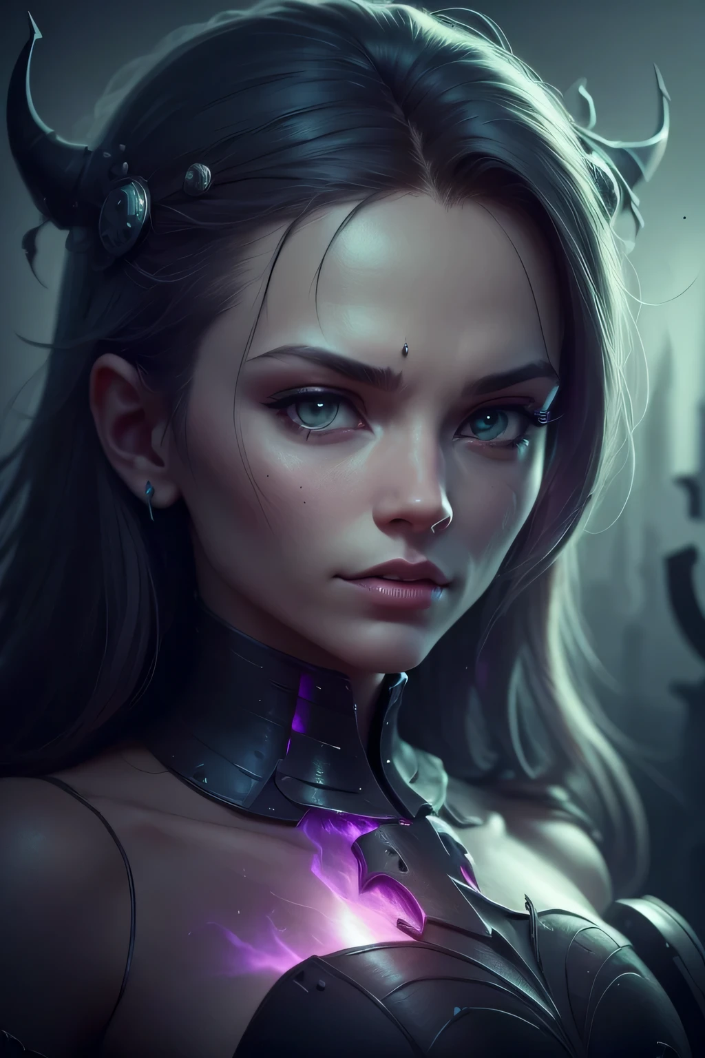 Generate a full-body image of a necromancer standing in the center of a dark and foreboding location. The necromancer's eyes must have a completely white iris, level of detail 1.2. Your face should display a mixture of sensuality and demonic expression. The necromancer's skin should be pale and dead, contrasting with the dark environment. Surrounding the necromancer is a shadowy landscape of rotting, dismembered bodies rising from the earth, souls of the dead, and candles illuminating the symbols of dark magic, detail level 1.2. using advanced rendering and modeling techniques. Use the following software for creation: 3DS Max, SketchUp, SolidWorks, AutoCAD, Blender, Vectary, MeshMixer, and Unreal Engine 5. Apply photon mapping, radiosity, and physical rendering techniques with automatic white balance for realistic lighting. Create a cinematic lighting setup with a slightly heightened twilight effect. Make sure the final image has a soft focus effect but remains ultra-detailed and realistic. Artwork should not be based on a specific photograph. Evoke a sense of technology and high-quality craftsmanship, reminiscent of a masterpiece of illustration and CG art. Include elements of unity, wallpaper and official art in the composition. It presents fine details, extreme delicacy and beauty, with sharp focus and a high level of detail. Render woman's hair with detailed bangs. Render the final image with a black background and a plain background. Do not include watermarks or text overlays in the generated image.