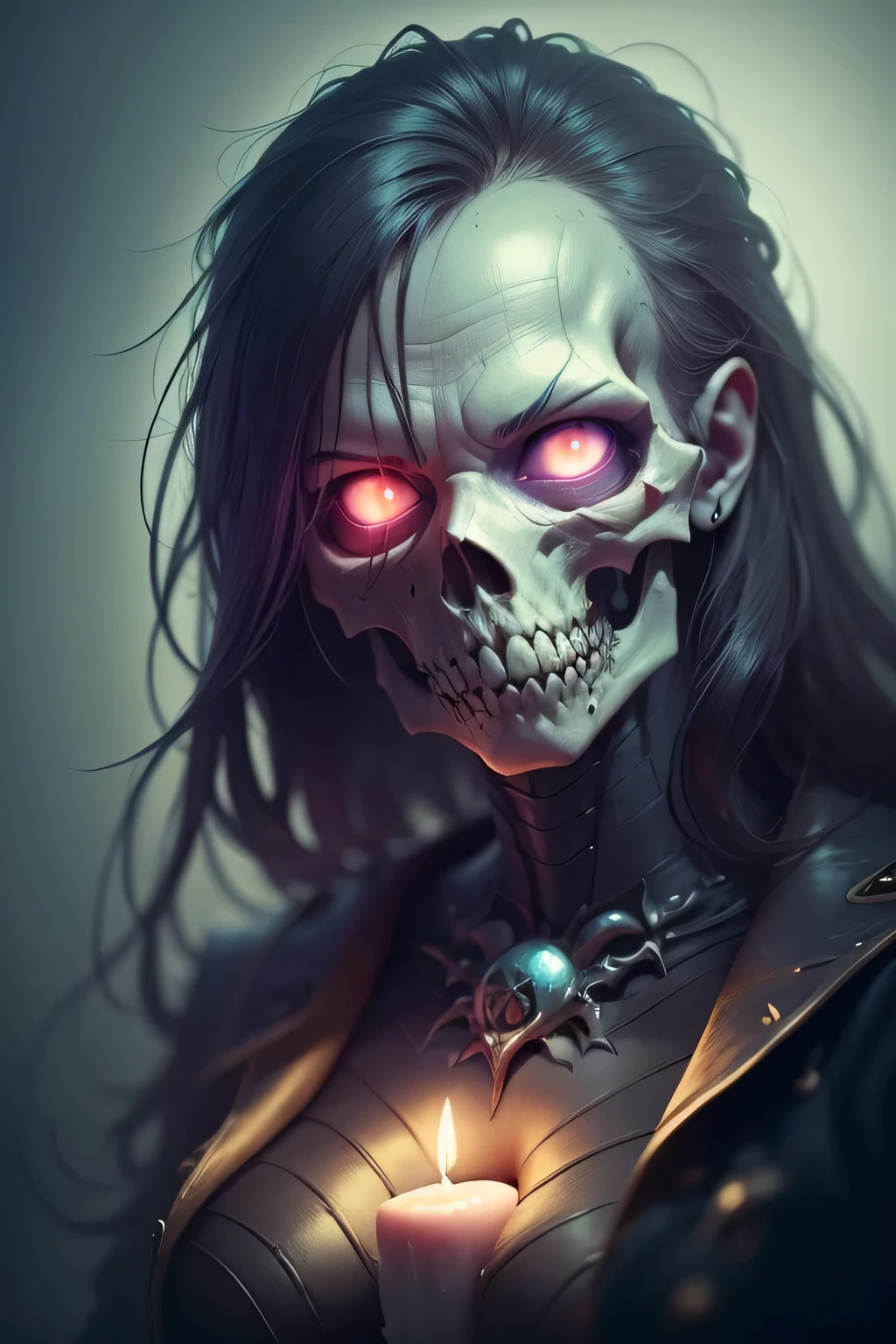 Generate a full-body image of a necromancer standing in the center of a dark and foreboding location. The necromancer's eyes must have a completely white iris, level of detail 1.2. Your face should display a mixture of sensuality and demonic expression. The necromancer's skin should be pale and dead, contrasting with the dark environment. Surrounding the necromancer is a shadowy landscape of rotting, dismembered bodies rising from the earth, souls of the dead, and candles illuminating the symbols of dark magic, detail level 1.2. using advanced rendering and modeling techniques. Use the following software for creation: 3DS Max, SketchUp, SolidWorks, AutoCAD, Blender, Vectary, MeshMixer, and Unreal Engine 5. Apply photon mapping, radiosity, and physical rendering techniques with automatic white balance for realistic lighting. Create a cinematic lighting setup with a slightly heightened twilight effect. Make sure the final image has a soft focus effect but remains ultra-detailed and realistic. Artwork should not be based on a specific photograph. Evoke a sense of technology and high-quality craftsmanship, reminiscent of a masterpiece of illustration and CG art. Include elements of unity, wallpaper and official art in the composition. It presents fine details, extreme delicacy and beauty, with sharp focus and a high level of detail. Render woman's hair with detailed bangs. Render the final image with a black background and a plain background. Do not include watermarks or text overlays in the generated image.