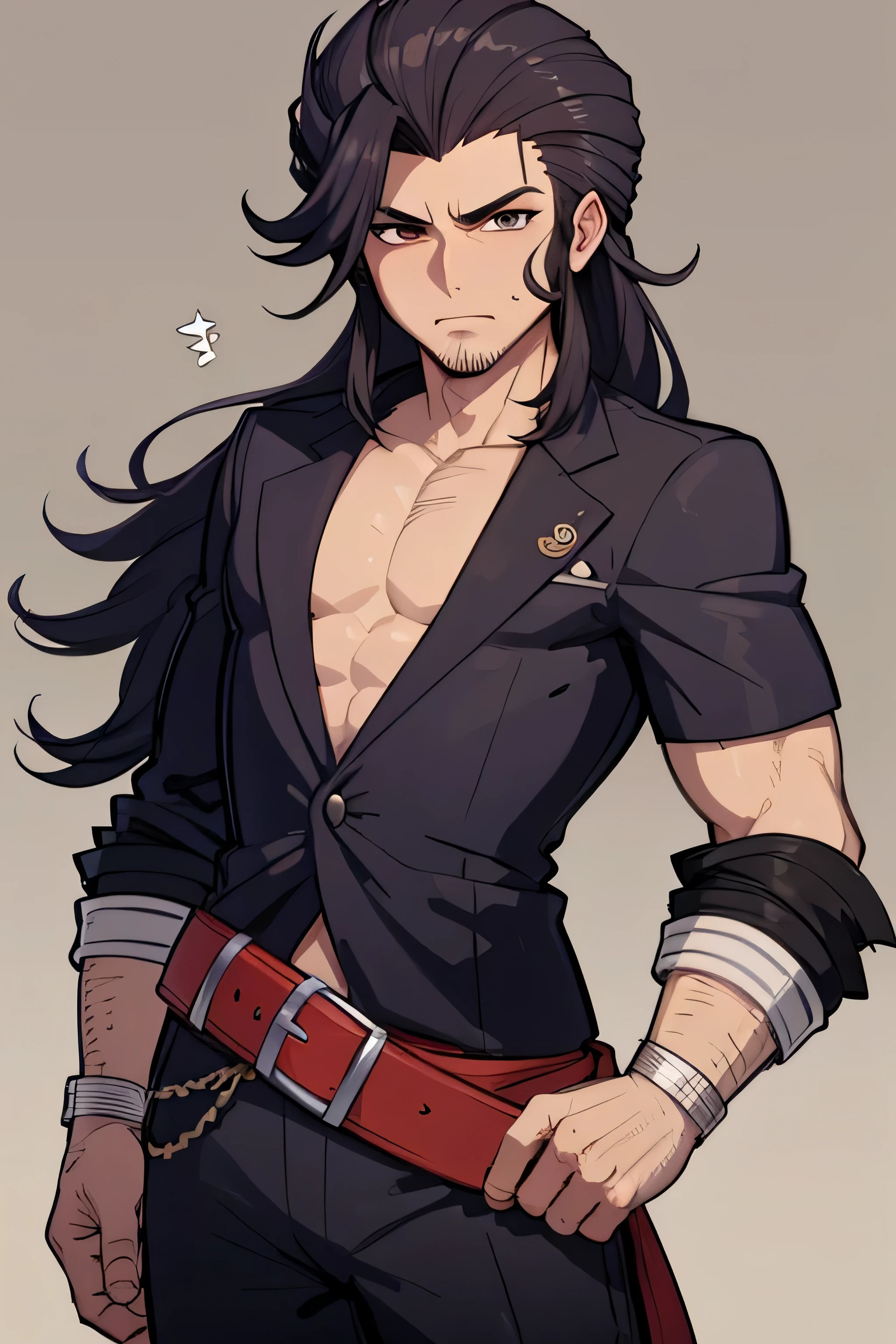 homem viril, pirata de cabelos loiros, 21 anos, cabelo curto, roupa preta,