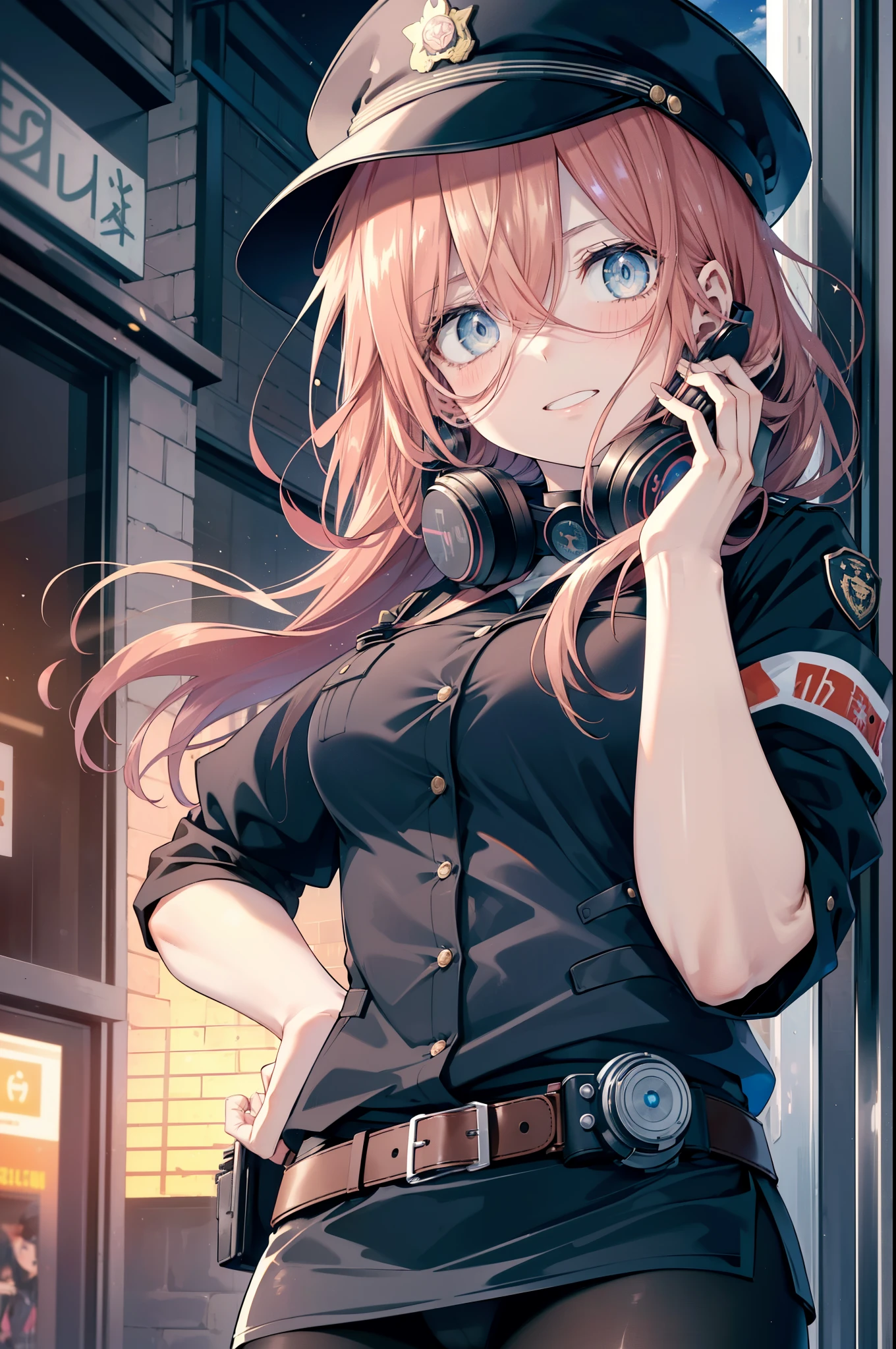 miku nakano, Nakano Miku Ticket III, long hair, bangs, blue eyes, brown hair, hair between eyes, headphones around neck,police hat,smile,blush,open your mouth,sexy police uniform,black pencil skirt,black pantyhose,stiletto heels,The girl salutes with her left hand,Place your right hand on your hip.,Looking up,sunrise,morning,sun,
break outdoors, In town,building street,
break looking at viewer, (cowboy shot:1.5), (Upper body:1.5),
break (masterpiece:1.2), highest quality, High resolution, unity 8k wallpaper, (figure:0.8), (detailed and beautiful eyes:1.6), highly detailed face, perfect lighting, Very detailed CG, (perfect hands, perfect anatomy),