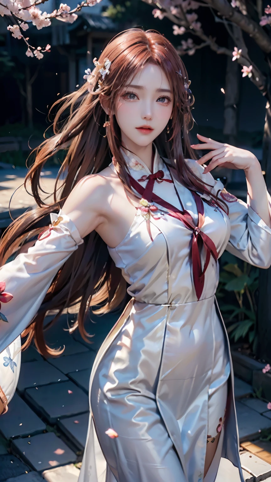 ((logo, masterpiece, 8k, table top, RAW photo, wonderful, 最high quality, Photorealistic and hvery detailed CG integrated 8k wallpaper, high quality, very detailed, Narrative poem, particle effects, dynamic effects, Depth of written boundary, cinematic light, Lens flare, ray tracing, anatomically accurate)), fantasy, 1 beautiful woman, ((bright red hair)), clear eyes, long hair, beautiful face, real face, 緻密でbeautiful eyes, beautiful skin, ((dancing woman, 優雅にdancing woman, 雪景色の中でdancing woman, 激しくdancing woman)), ((long hairがWindでなびく, long hairが跳ねる, long hairがWindで踊る)), hair jump, jewelry, beautiful eyes, white kimono, white obi, 白いcherry blossomsの刺繍模様, silver earrings, Light is shining, ((cherry blossoms, cherry blossomsの木, cherry blossomsの花びらが舞う, cherry blossoms吹雪, falling petals)), blue sky and white clouds background, 広大なWind景, Wind, grassland, Vast land in mythology, Spectacular view, 美しい自然のWindのWind景, hair color is red, cherry blossomsの花びらが舞う, cherry blossomsの木