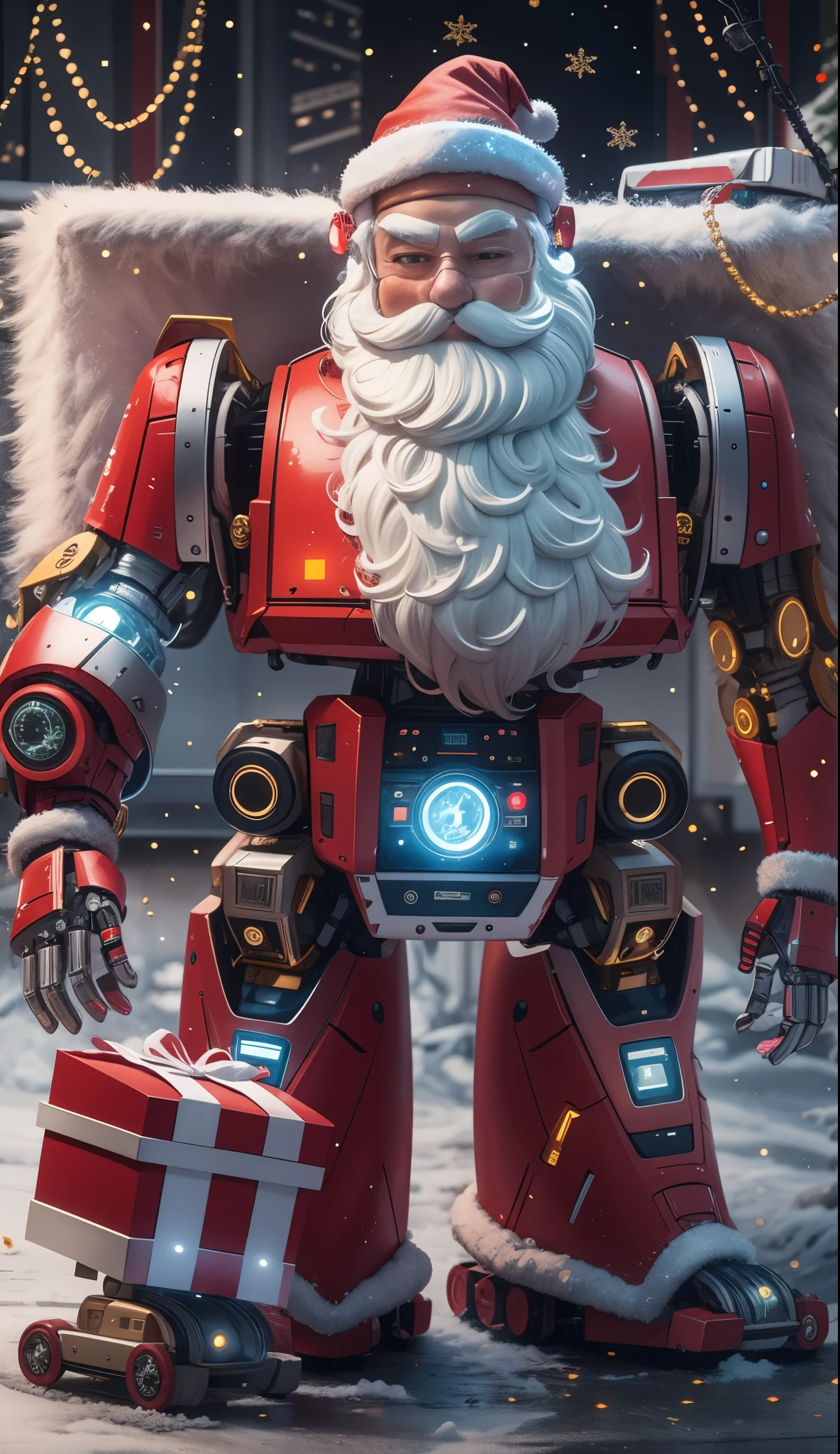 Robot Santa, Futuristic mechanical design，Combining elements of traditional Santa Claus with advanced technology. The robot may have a sleek metal body, Illuminated LED light, and a robotic arm that can efficiently distribute gifts.. It could have a digital display on its face，Imitate Santa&#39;s expression of joy and kindness. The scene can be set in a high-tech workshop full of automated machinery and conveyor belts, Robot Santa is busy preparing and sorting gifts for delivery. This futuristic twist on the traditional Santa Claus blends the magic of Christmas with the innovations of modern technology.