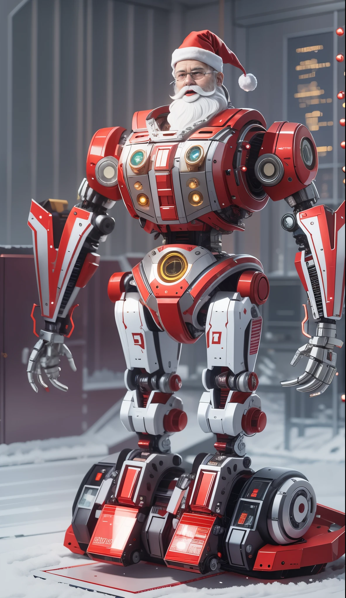 Robot Santa, Futuristic mechanical design，Combining elements of traditional Santa Claus with advanced technology. The robot may have a sleek metal body, Illuminated LED light, and a robotic arm that can efficiently distribute gifts.. It could have a digital display on its face，Imitate Santa&#39;s expression of joy and kindness. The scene can be set in a high-tech workshop full of automated machinery and conveyor belts, Robot Santa is busy preparing and sorting gifts for delivery. This futuristic twist on the traditional Santa Claus blends the magic of Christmas with the innovations of modern technology.