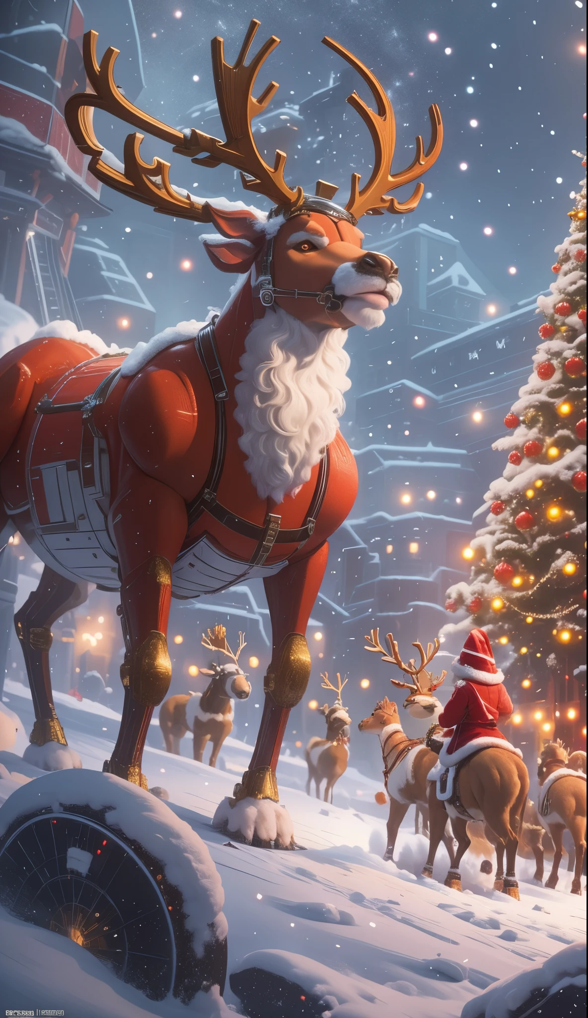 /imagine prompt:
In a thrilling showdown, envision a battle Santa Claus and his trusty reindeer companions in a grand arena, as the fate of Christmas hangs in the balance. This climactic moment is filled with anticipation and excitement, as both sides prepare for an epic clash.

Picture a magnificent arena, adorned with festive decorations and sparkling lights. The air is charged with energy as spectators fill the stands, eagerly awaiting the spectacle about to unfold. The arena is transformed into a winter wonderland, with snow-covered ground and towering Christmas trees adding to the enchanting atmosphere.

At one end of the arena, imagine Santa Claus, standing tall and resolute. Dressed in his iconic red suit trimmed with white fur, he radiates a sense of jolly determination. His eyes twinkle with a mix of mirth and focus, as he prepares to defend the spirit of Christmas.

On the other side of the arena, visualize Santa's loyal reindeer, led by Rudolph with his glowing red nose. These majestic creatures exude strength and agility, their antlers poised and their muscles primed for action. Each reindeer possesses a unique set of skills, ready to support Santa in this ultimate test of teamwork and bravery.

As the battle commences, envision a flurry of action and excitement. Santa and the reindeer move with lightning speed, executing intricate maneuvers and strategies. Santa's bag of gifts transforms into a shield, protecting him from incoming attacks, while the reindeer unleash powerful bursts of magic, illuminating the arena with their radiant energy.

The crowd erupts with cheers and applause, their enthusiasm fueling the combatants' resolve. The clash of magic and holiday cheer fills the air, creating a symphony of sound and spectacle. It is a battle not only of physical strength but also of the indomitable spirit of Christmas.

As the battle reaches its climax, imagine Santa and the reindeer combining their efforts, their teamwork and unity becoming their great