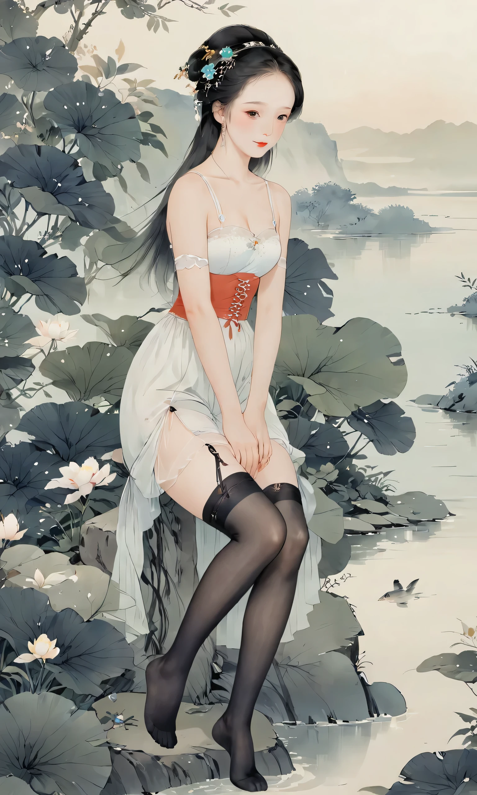 8k, masterpiece, best quality, two-dimensional, (Chinese traditional ink painting:0.2), (perfect hands:1.4),black stockings，Wearing white light gauze，腿上的black stockings露出来，river in background，koyama，Small animals