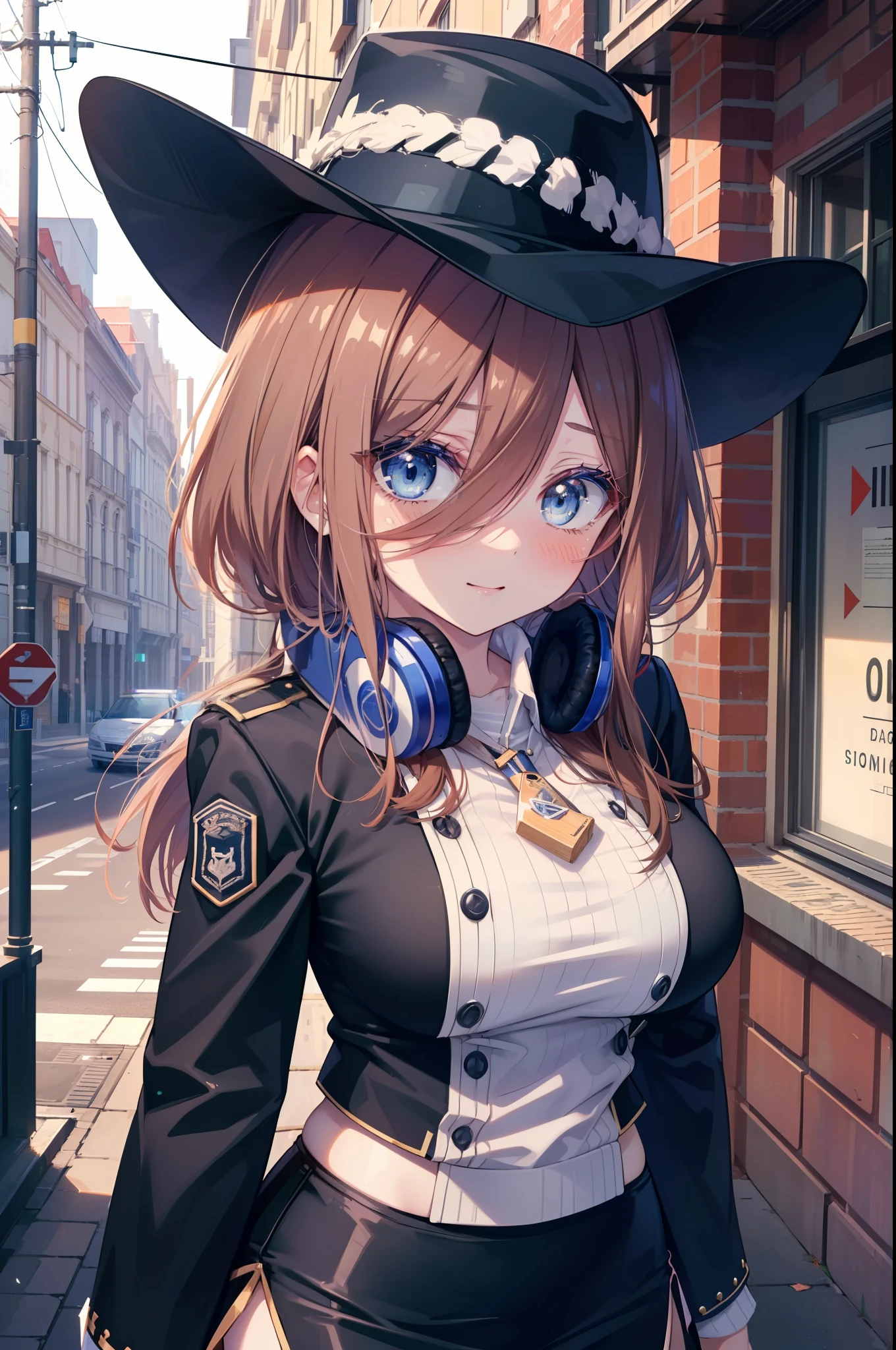miku nakano, Nakano Miku Ticket III, long hair, bangs, blue eyes, brown hair, hair between eyes, headphones around neck,big breasts,police hat,smile,blush,open your mouth,sexy police uniform,black pencil skirt,black pantyhose,stiletto heels,The girl salutes with her left hand,Place your right hand on your hip.,Looking up,sunrise,morning,sun,
break outdoors, In town,building street,
break looking at viewer, (cowboy shot:1.5), (Upper body:1.5),
break (masterpiece:1.2), highest quality, High resolution, unity 8k wallpaper, (figure:0.8), (detailed and beautiful eyes:1.6), highly detailed face, perfect lighting, Very detailed CG, (perfect hands, perfect anatomy),
