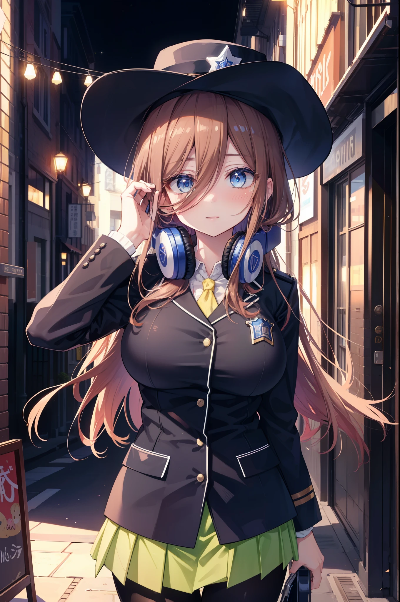 miku nakano, Nakano Miku Ticket III, long hair, bangs, blue eyes, brown hair, hair between eyes, headphones around neck,big breasts,police hat,smile,blush,open your mouth,sexy police uniform,black pencil skirt,black pantyhose,stiletto heels,The girl salutes with her left hand,Place your right hand on your hip.,Looking up,sunrise,morning,sun,
break outdoors, In town,building street,
break looking at viewer, (cowboy shot:1.5), (Upper body:1.5),
break (masterpiece:1.2), highest quality, High resolution, unity 8k wallpaper, (figure:0.8), (detailed and beautiful eyes:1.6), highly detailed face, perfect lighting, Very detailed CG, (perfect hands, perfect anatomy),
